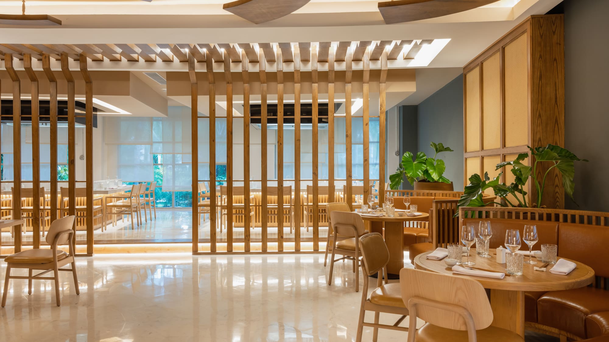 a room with tables and chairs