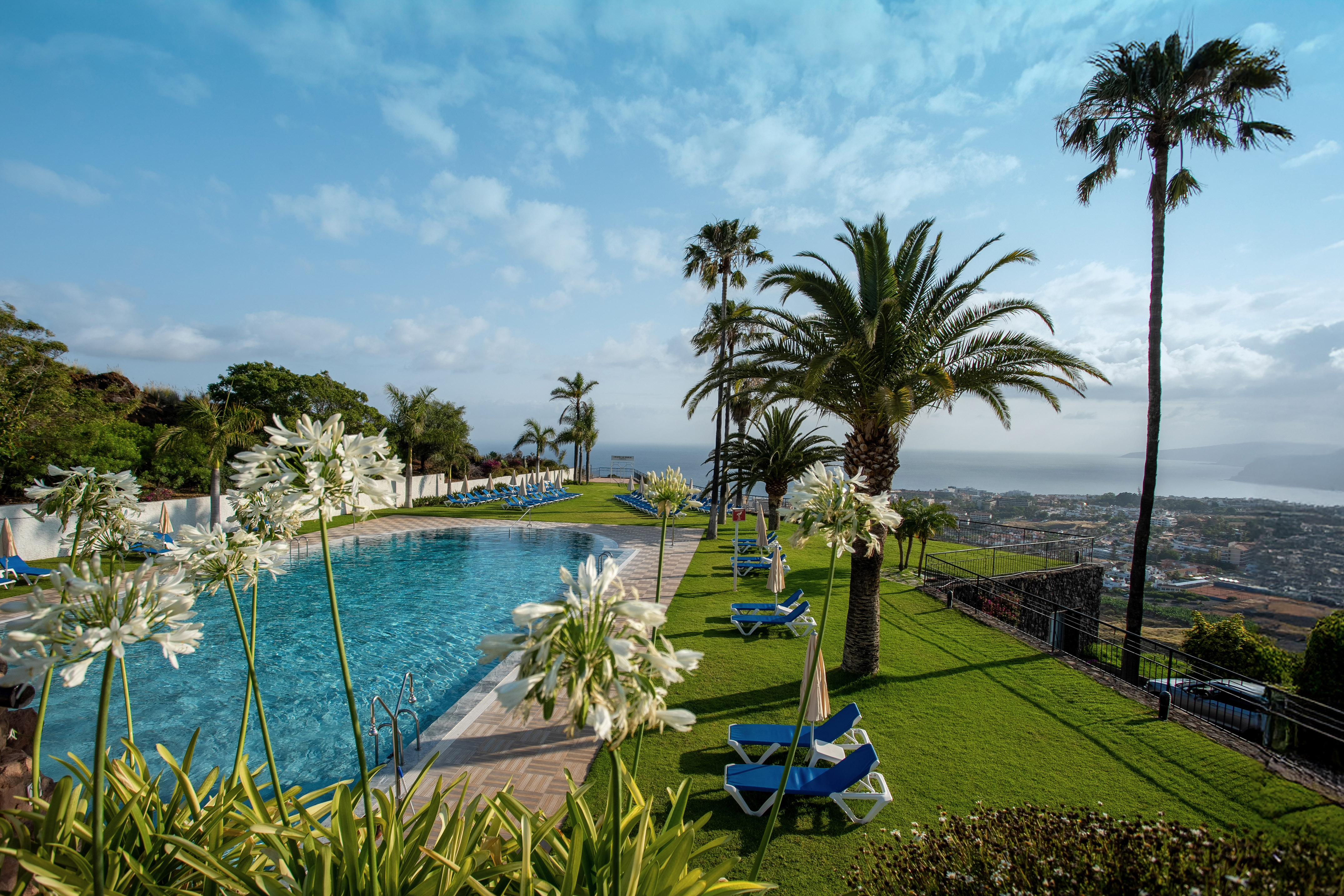 Luxury resort pool, ocean view, palm trees, blue loungers, and white flowers.