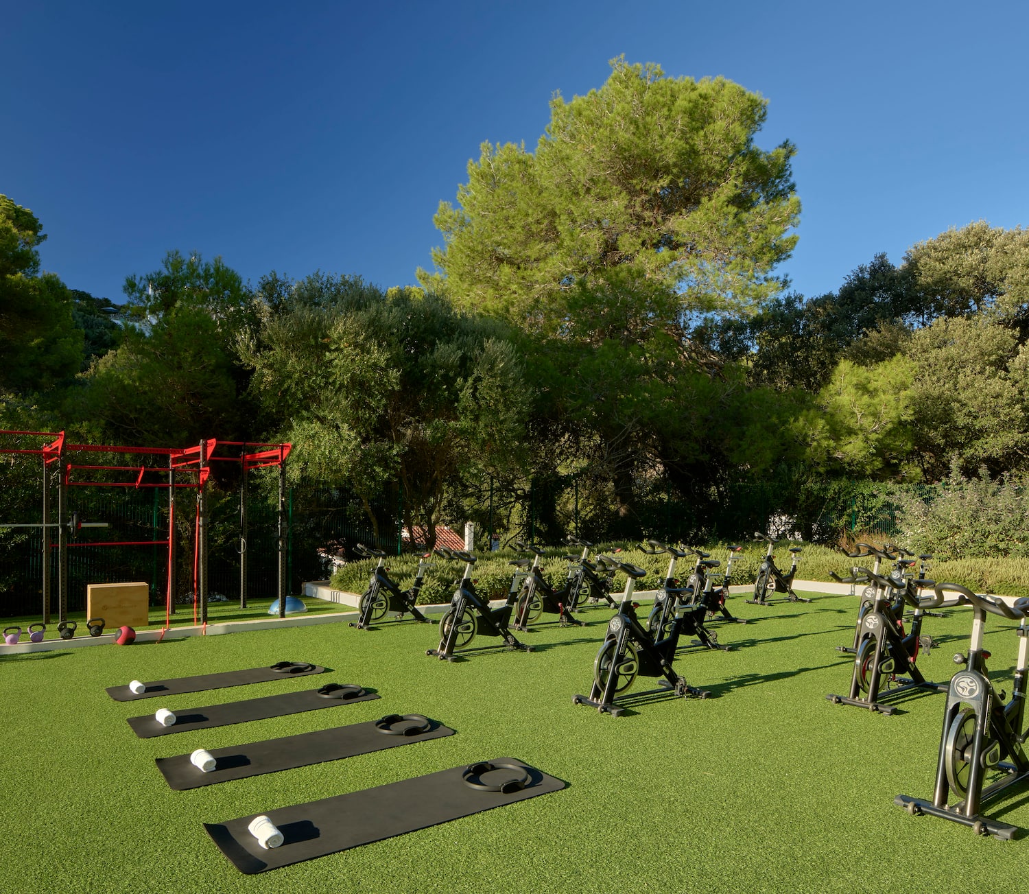 a group of exercise bikes on a green field