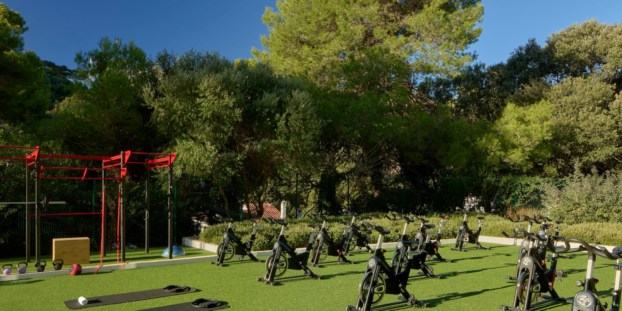 a group of exercise bikes on a green field