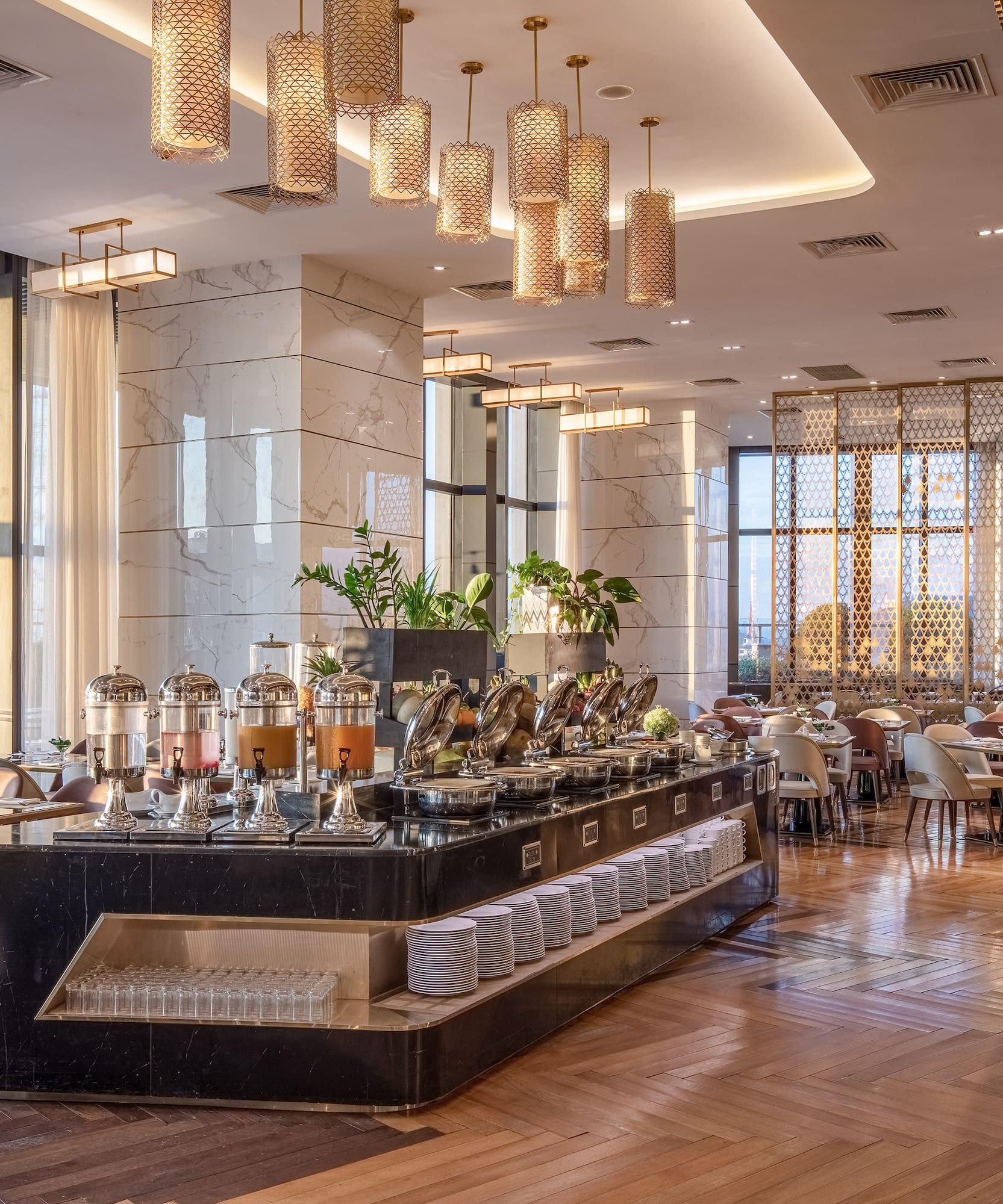 a restaurant with tables and chairs