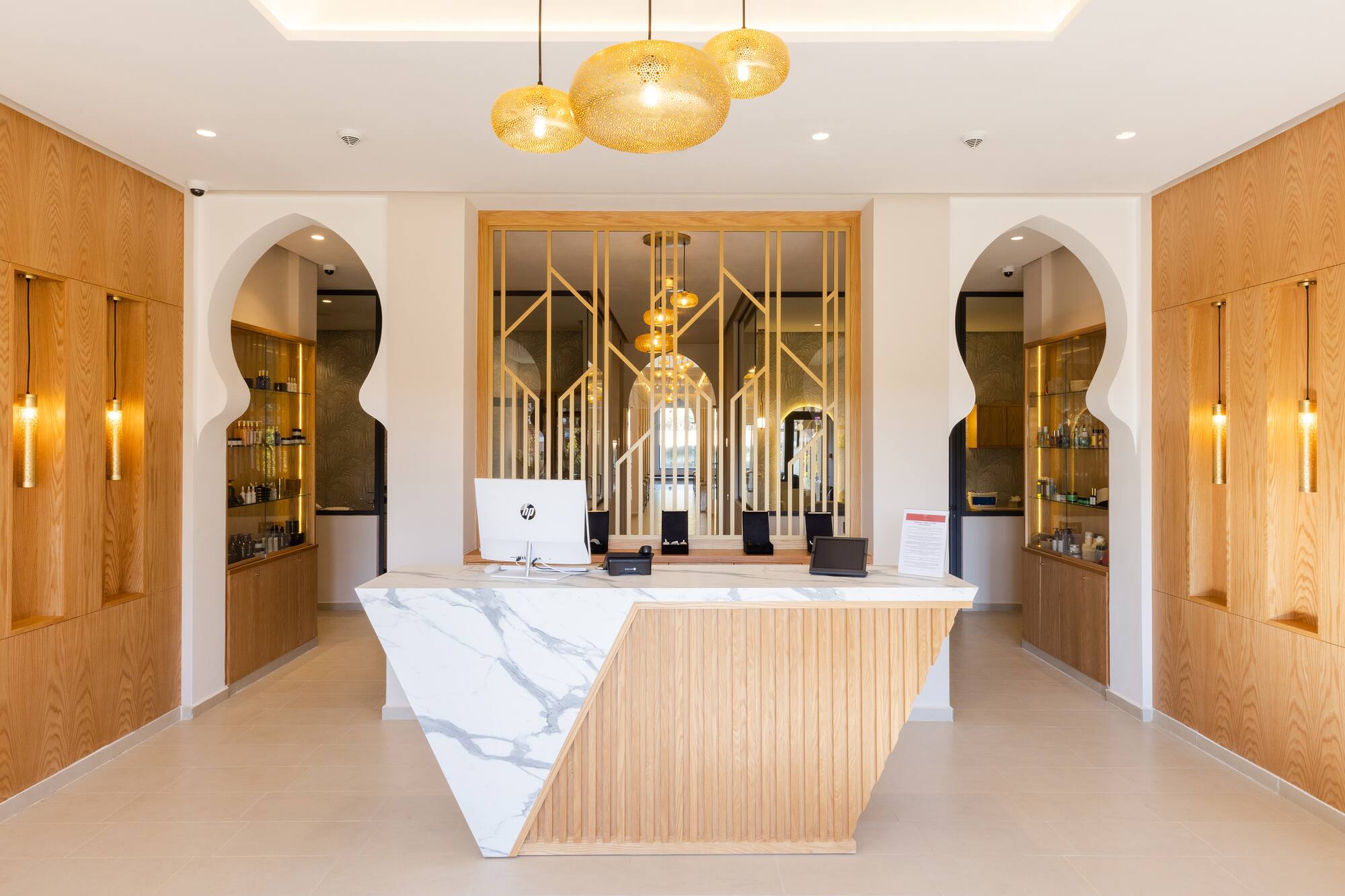 a reception desk in a hotel