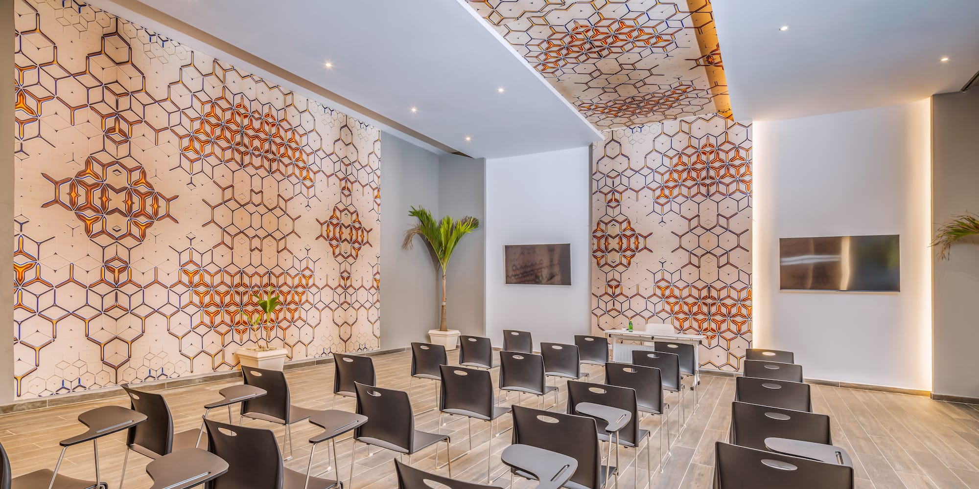 a room with chairs and tables