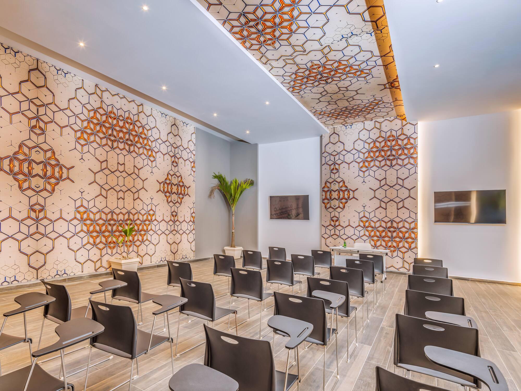 a room with chairs and tables