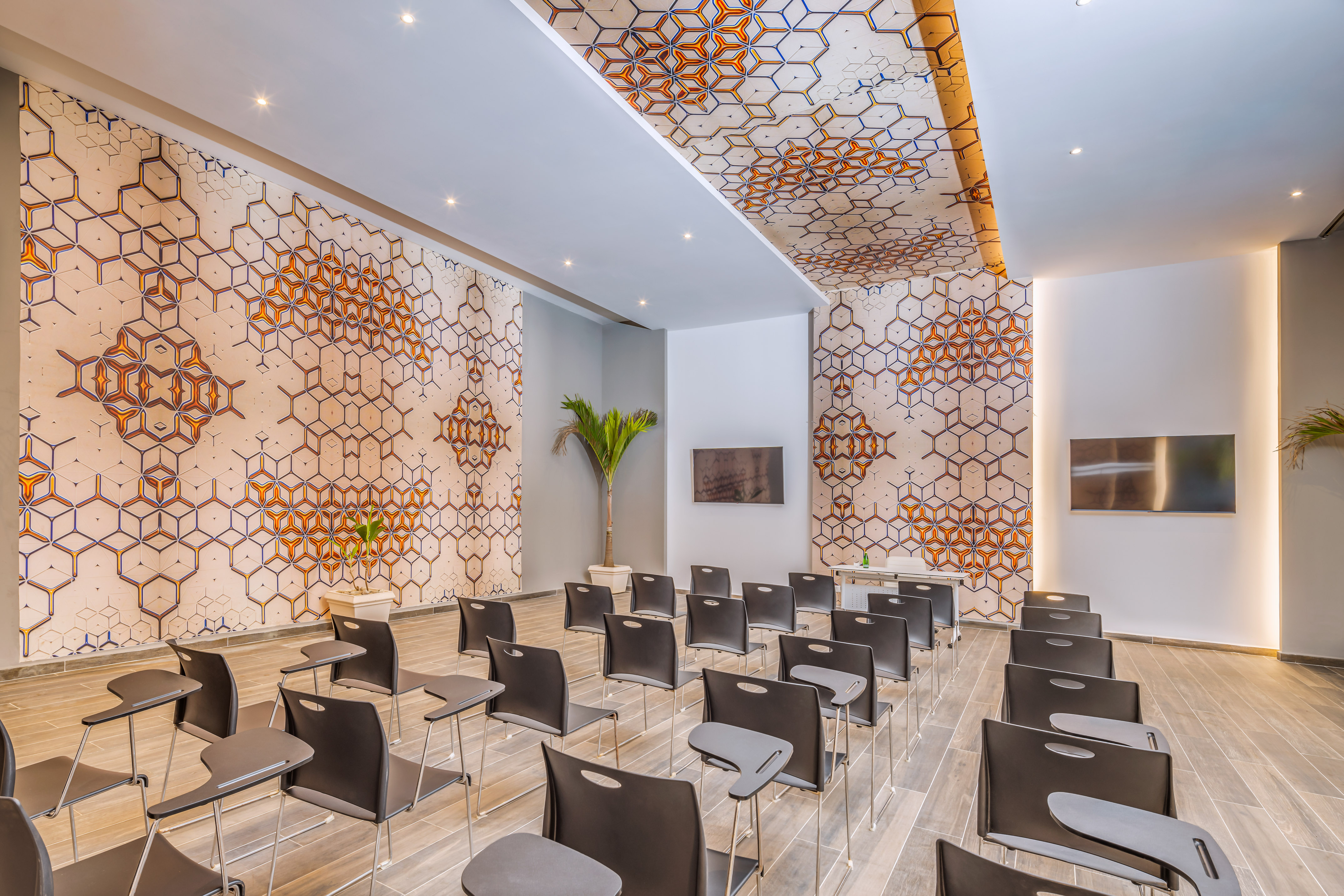 a room with chairs and tables