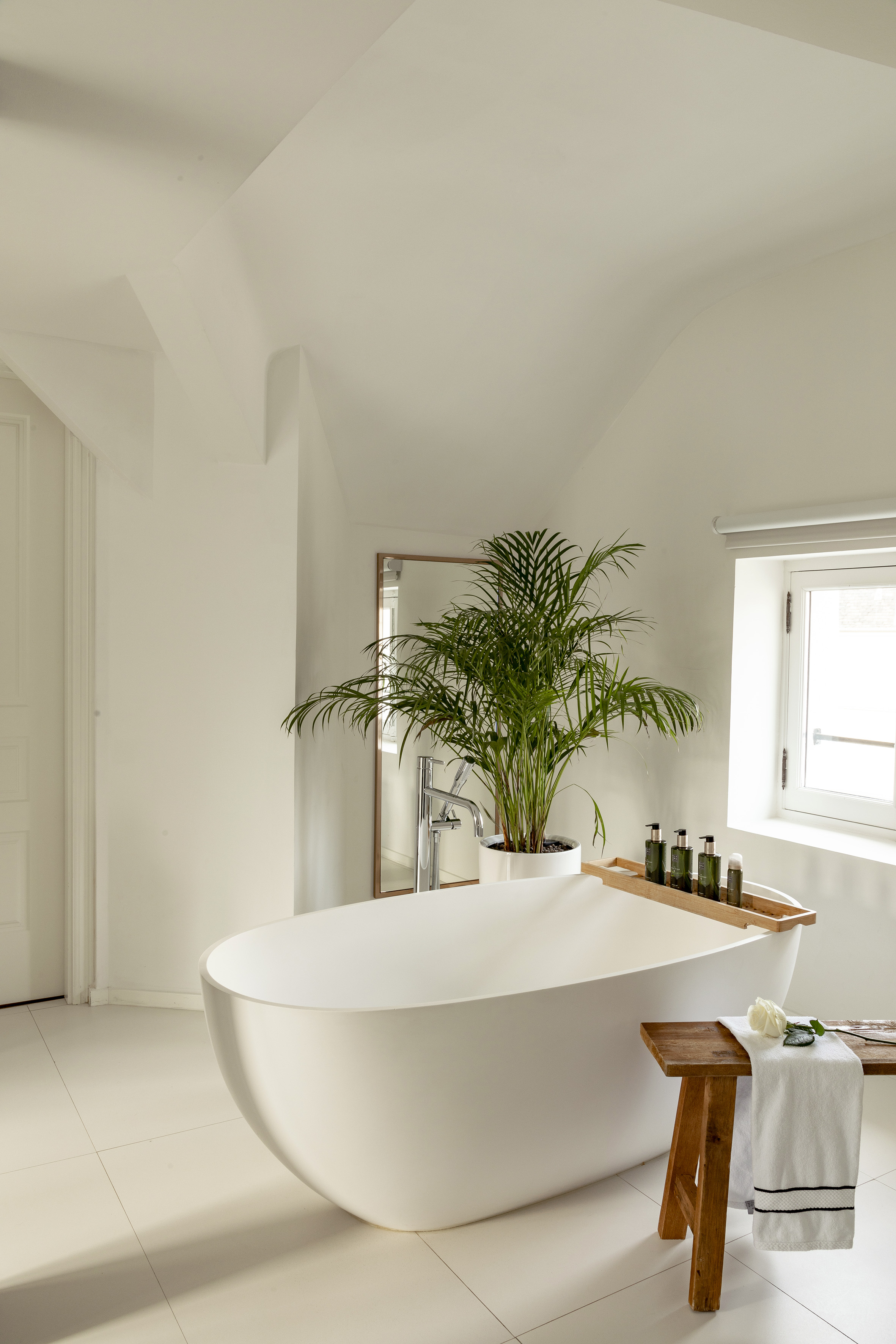 White modern bathroom with freestanding tub, large plant, and wooden caddy.