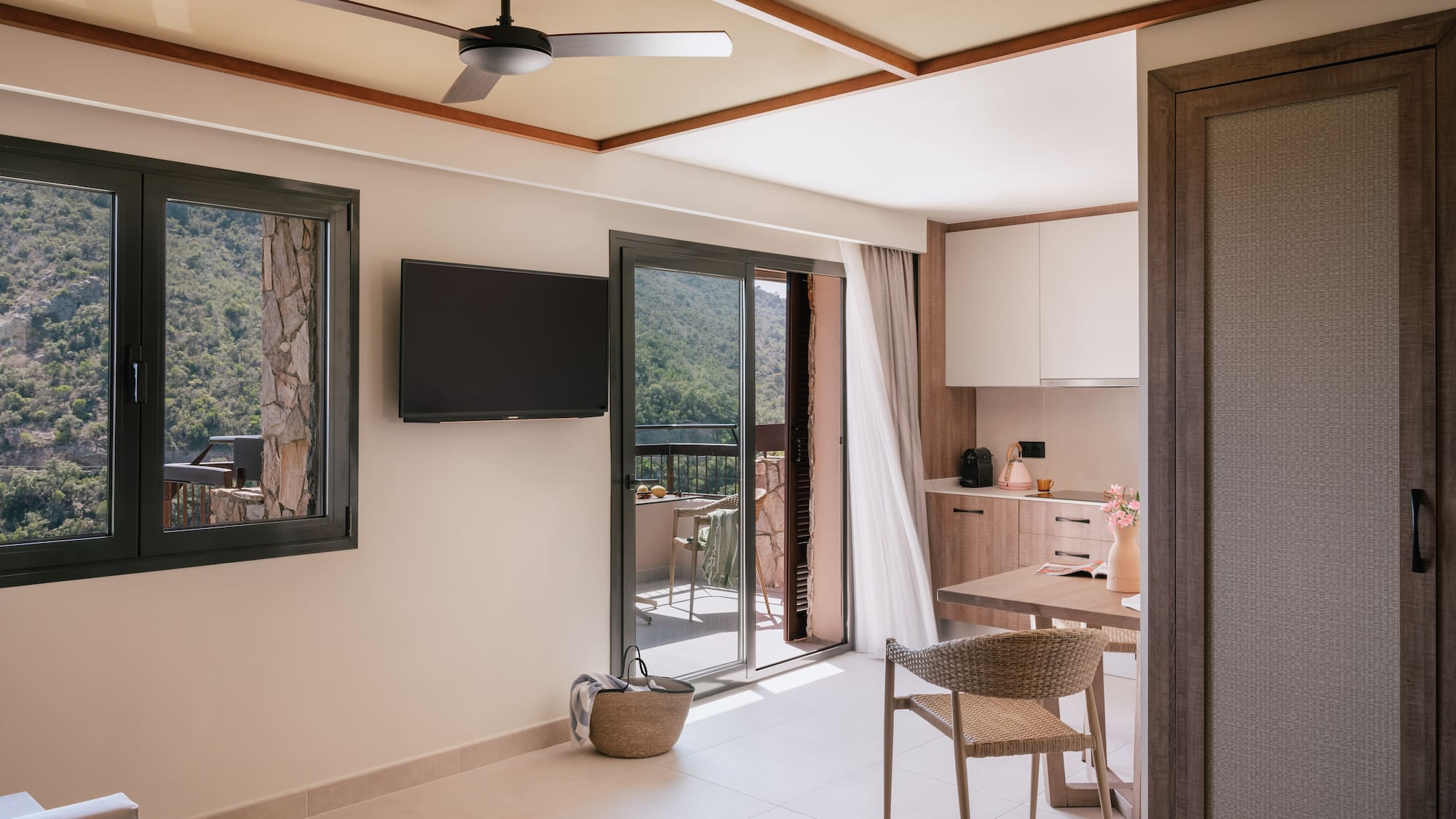 a room with a television and a table