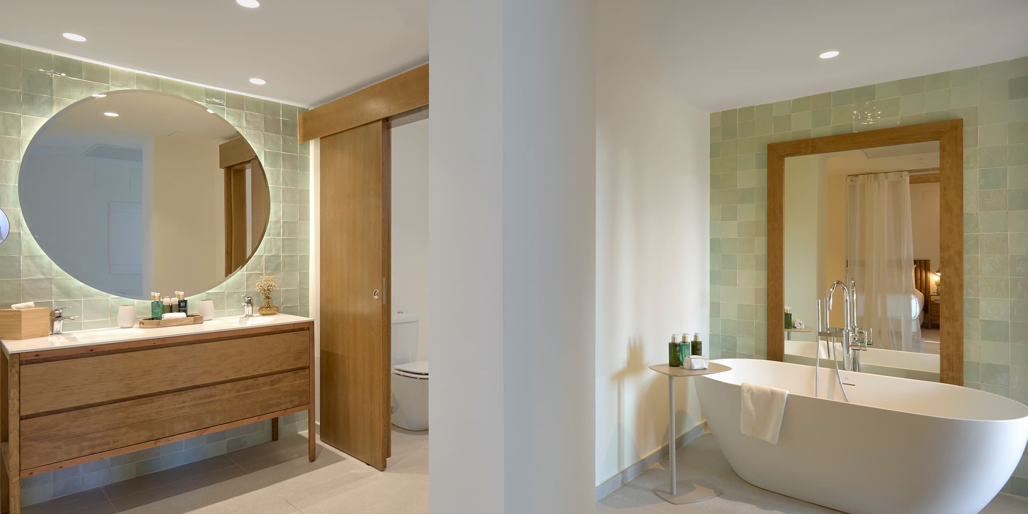 a bathroom with a tub and a mirror