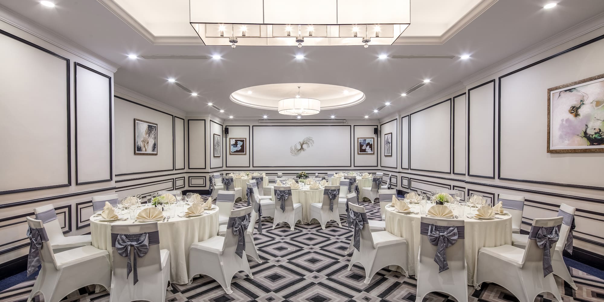 a room with tables and chairs