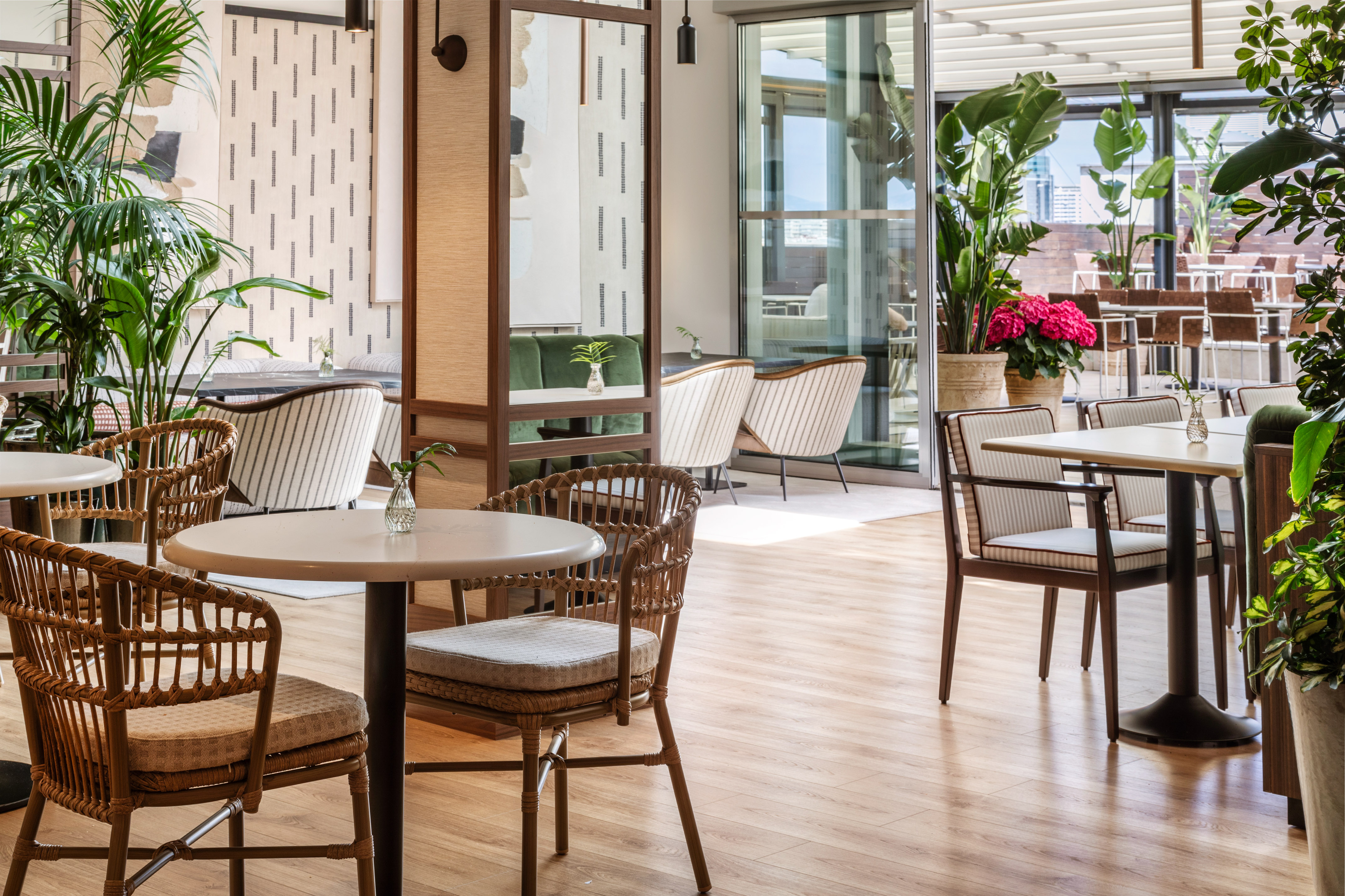 Restaurante luminoso con sillas de ratán, plantas y terraza exterior.