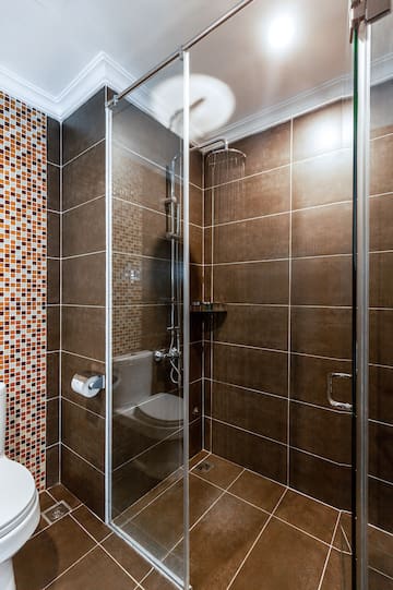 a shower with a toilet and a toilet