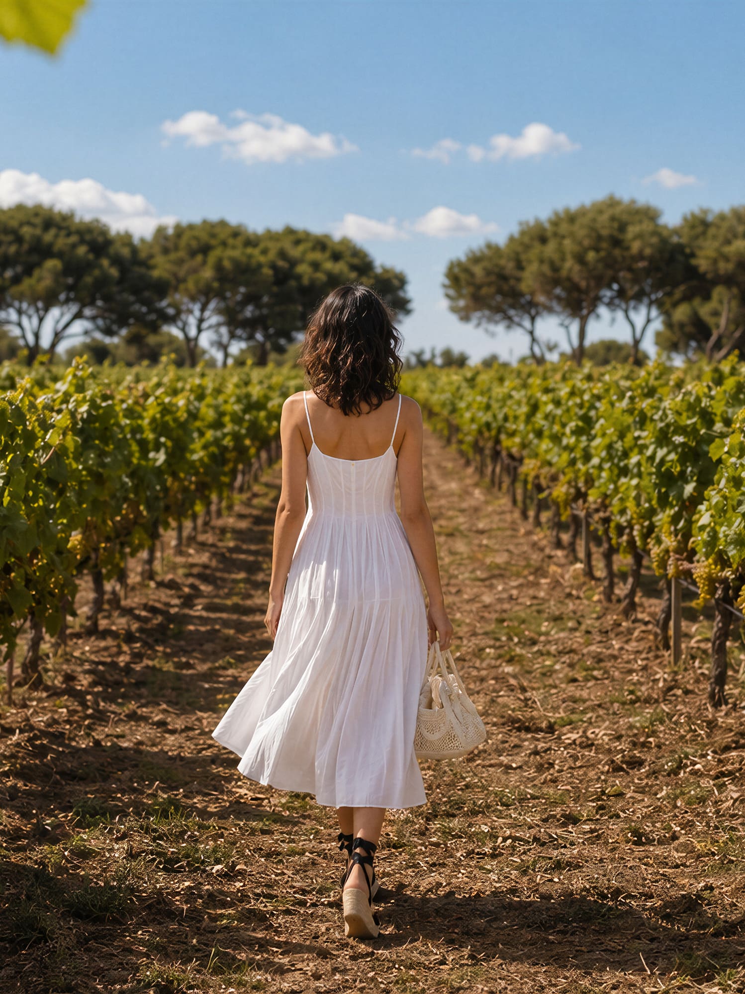 Woman in white dress walking through a sunny vineyard with ripe grapes.