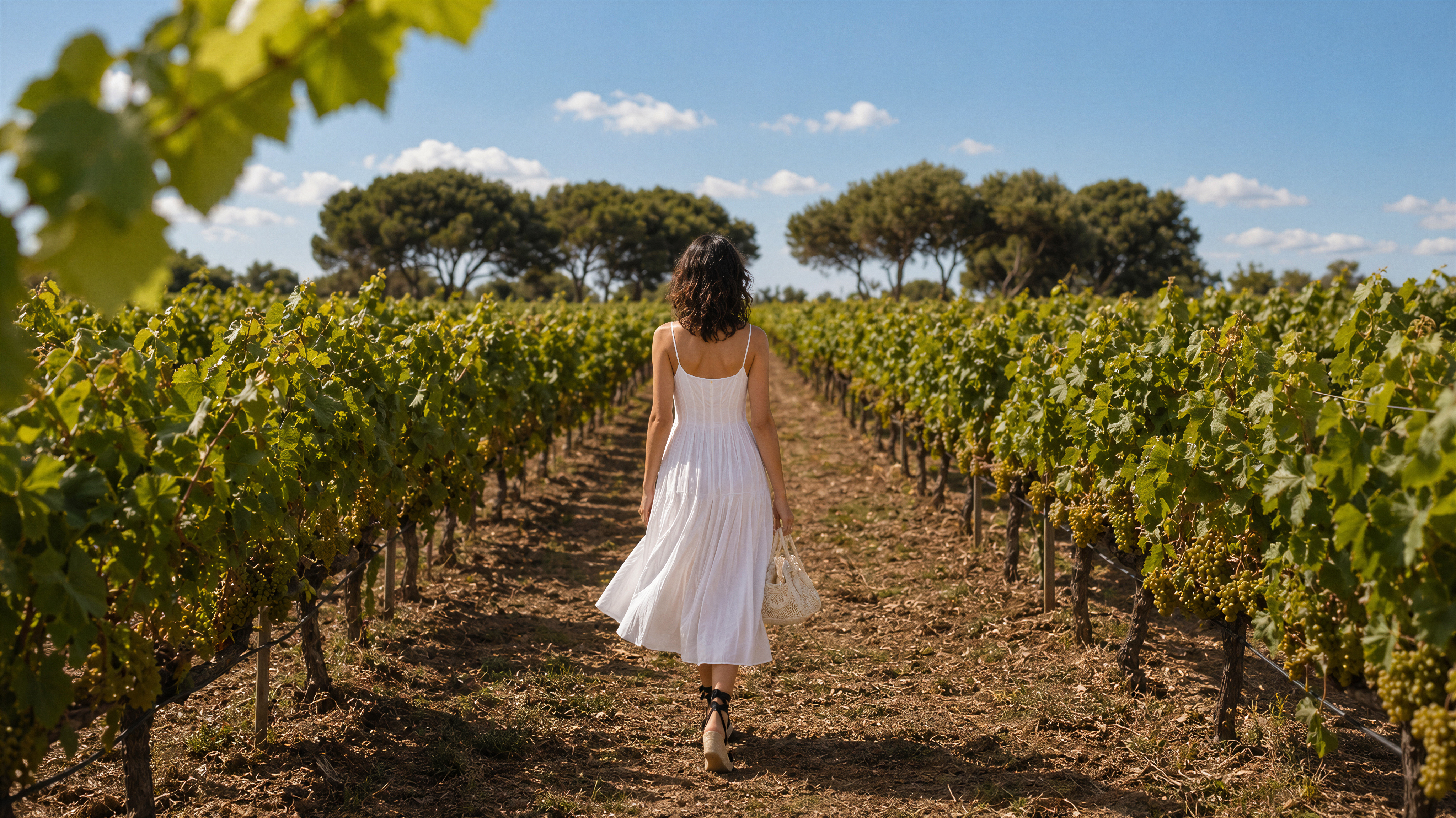 Woman in white dress walking through a sunny vineyard with ripe grapes.