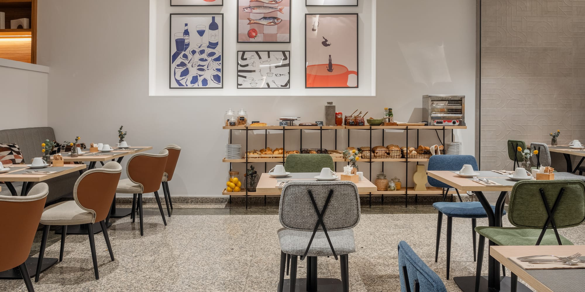 a room with tables and chairs