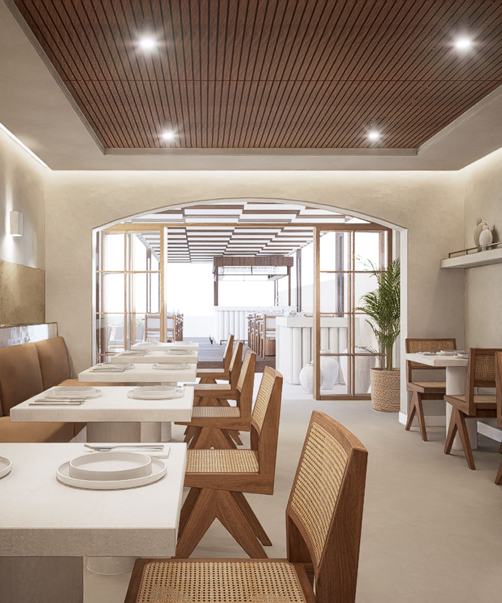 a room with tables and chairs