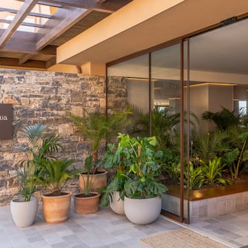 a building with plants in pots