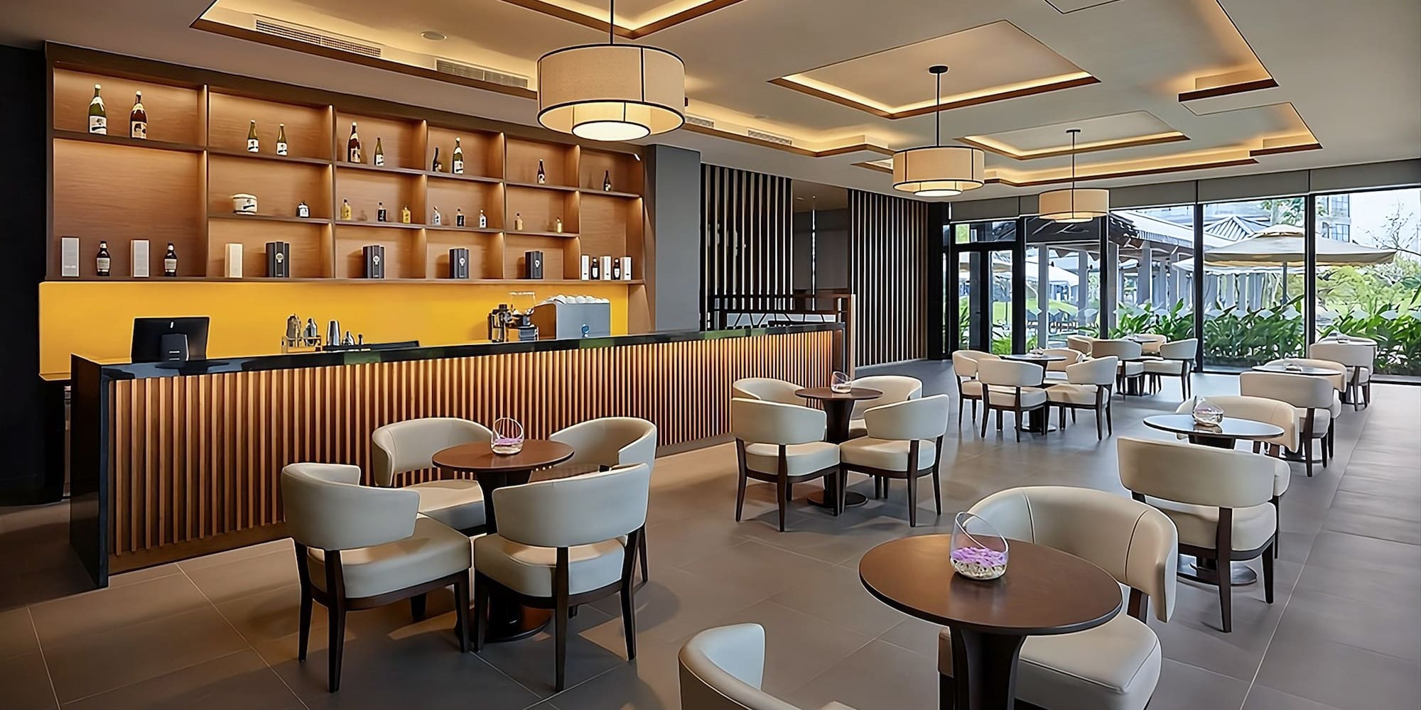 a room with tables and chairs