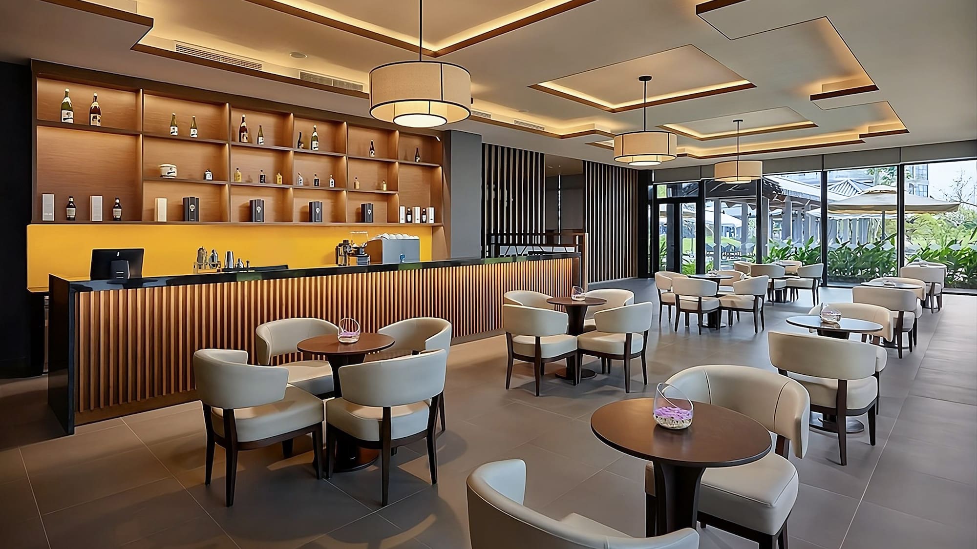 a room with tables and chairs