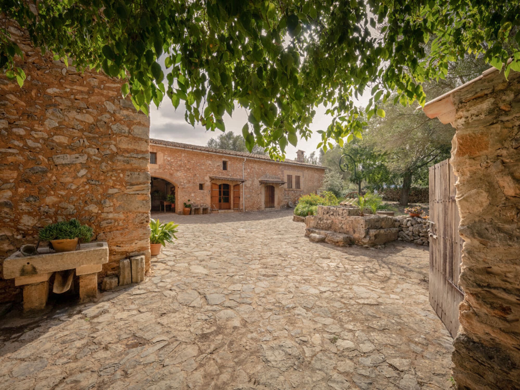 a stone courtyard with a stone building and a tree