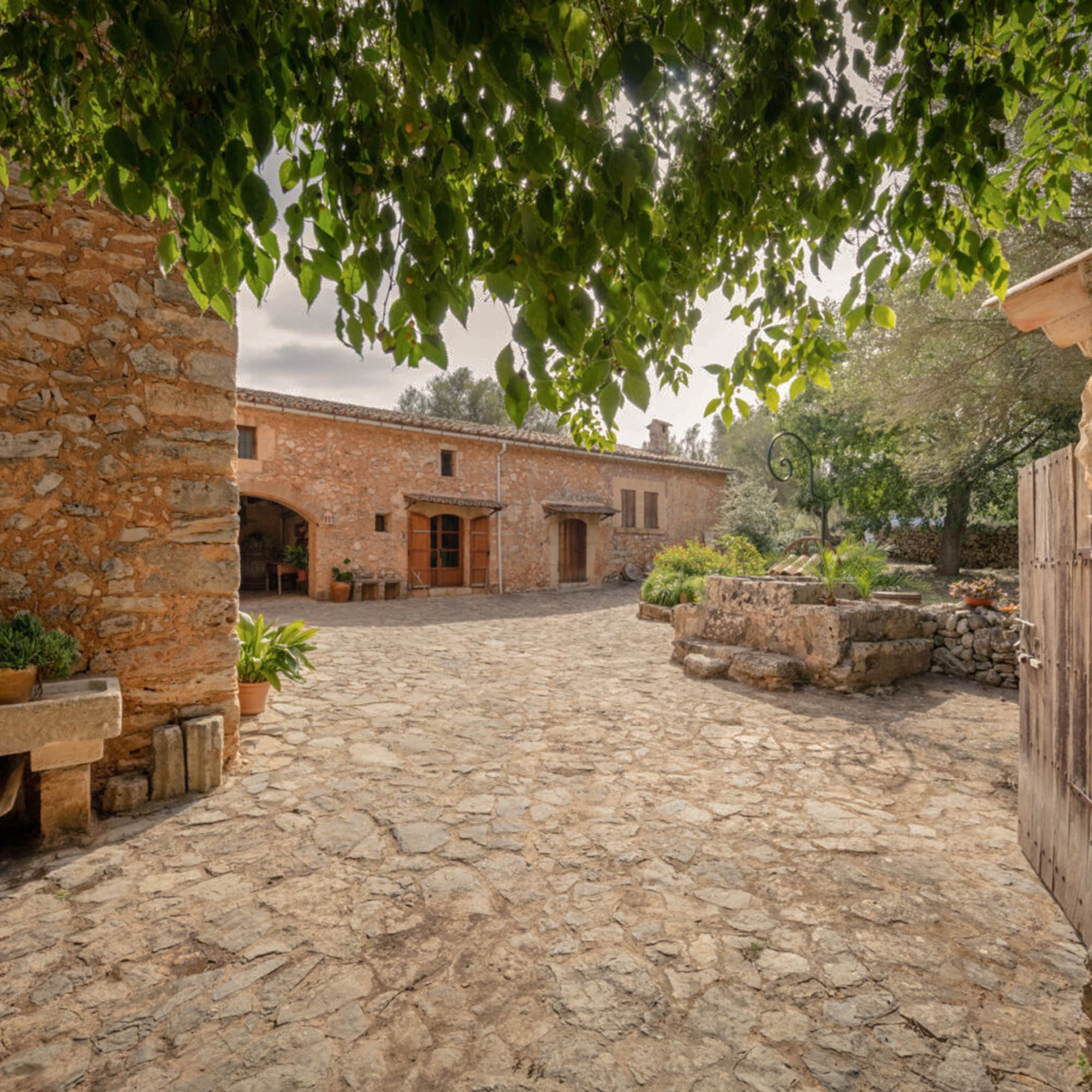 a stone courtyard with a stone building and a tree