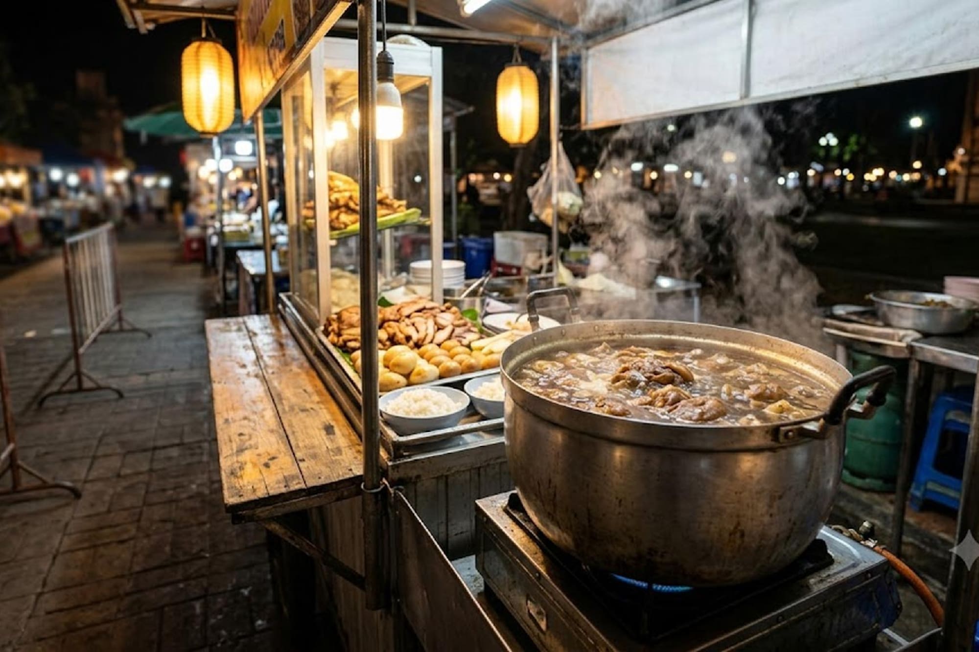 Steaming pot of Asian street food stew at a bustling night market stall.
