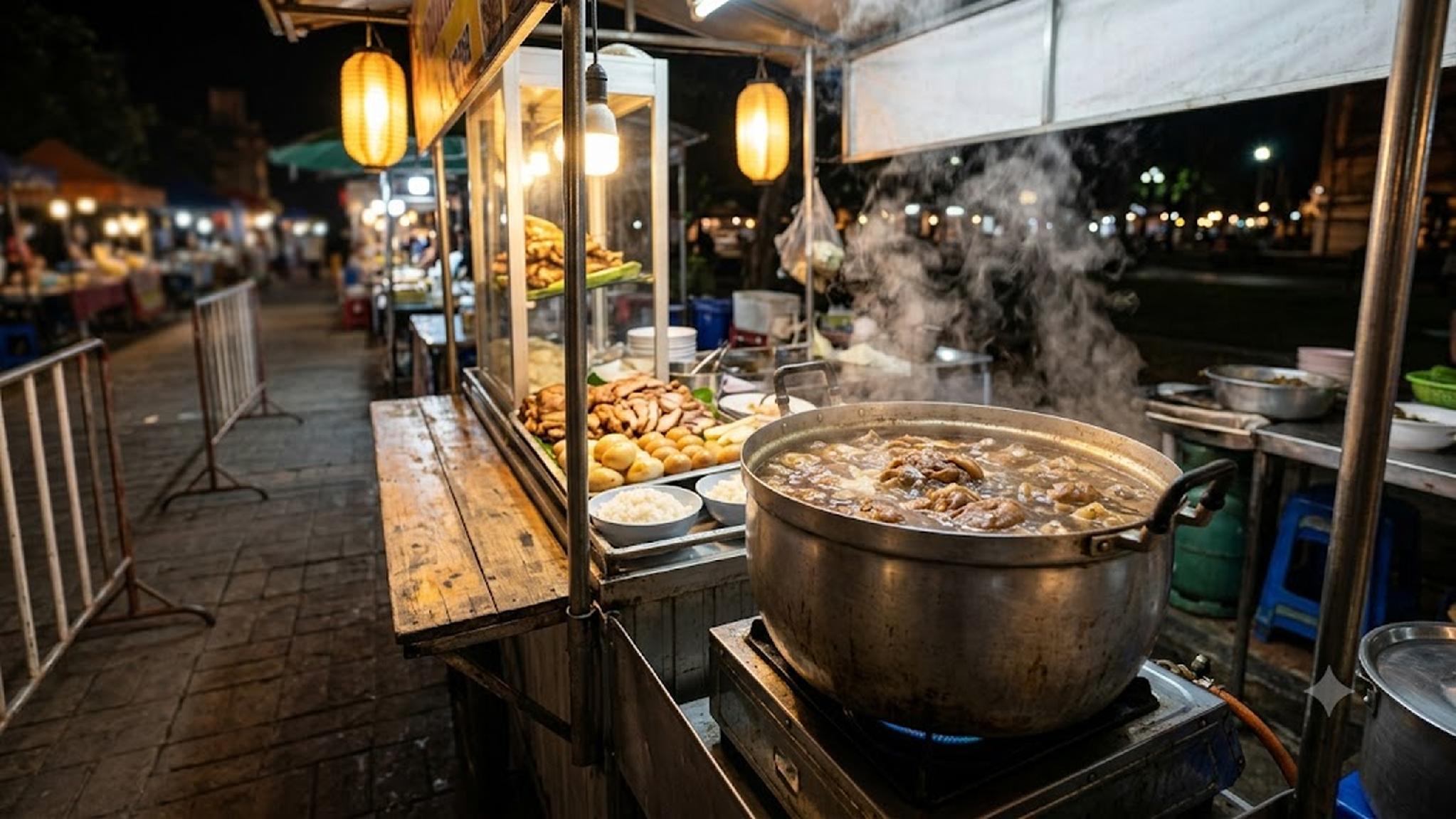 Steaming pot of Asian street food stew at a bustling night market stall.