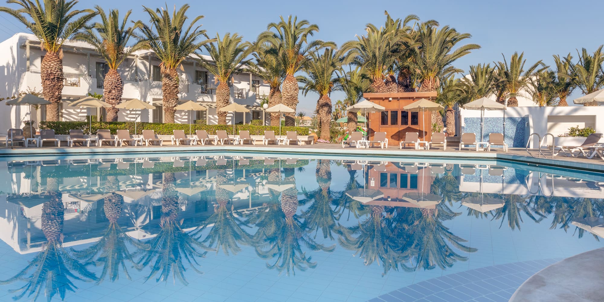 a pool with palm trees and a building