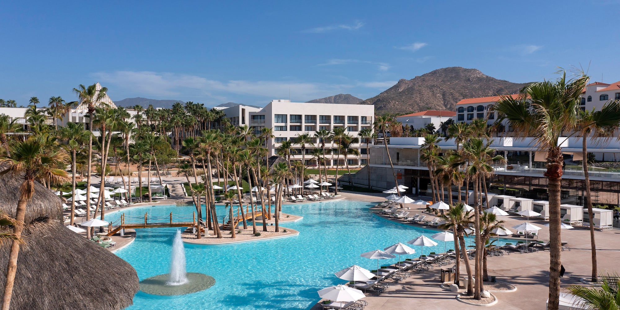 Tropical resort swimming pool with palm trees, hotel, and lounge chairs.