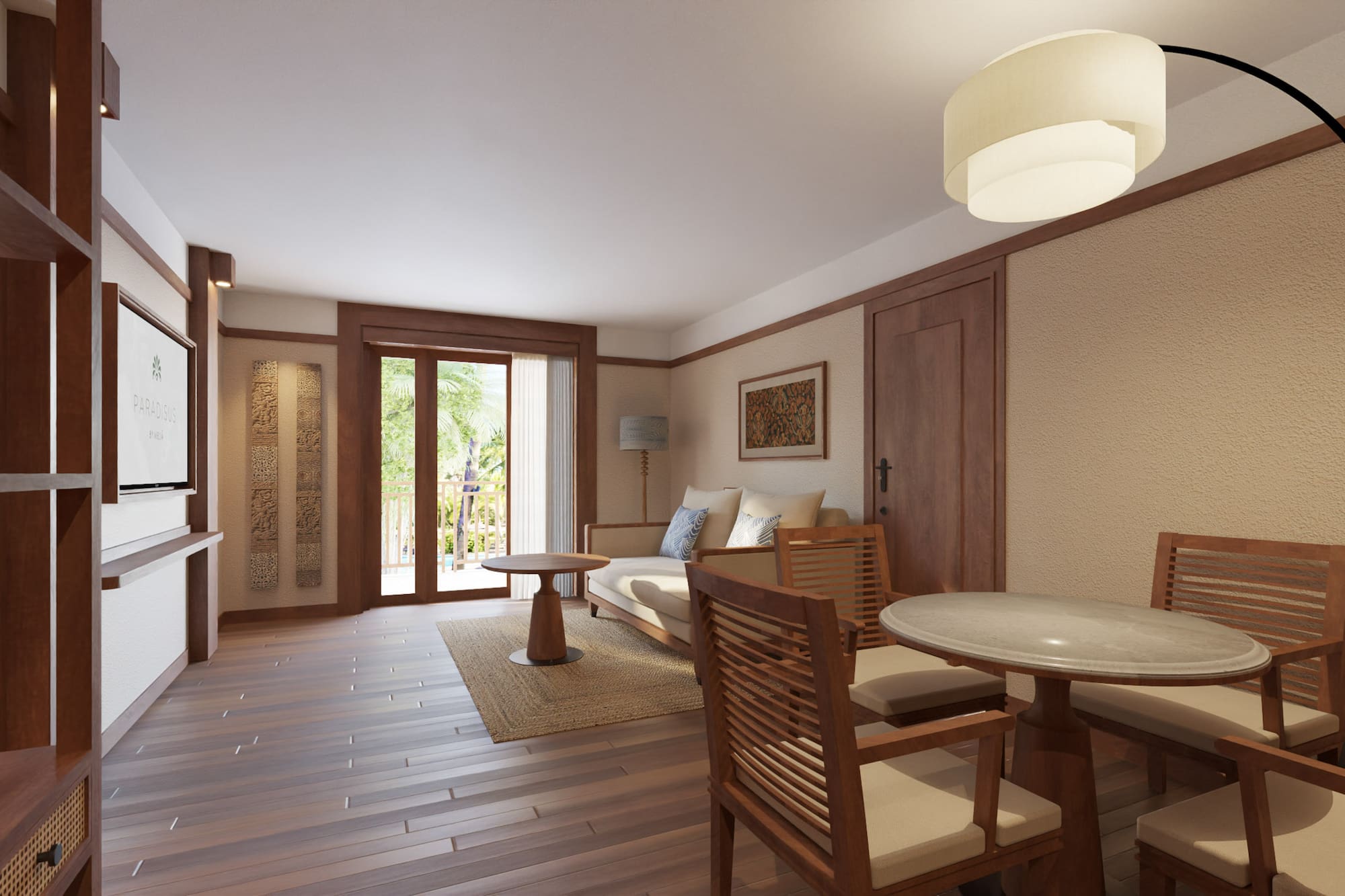 a room with a couch and table