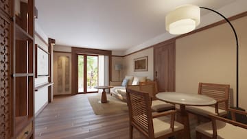 a room with a couch and table