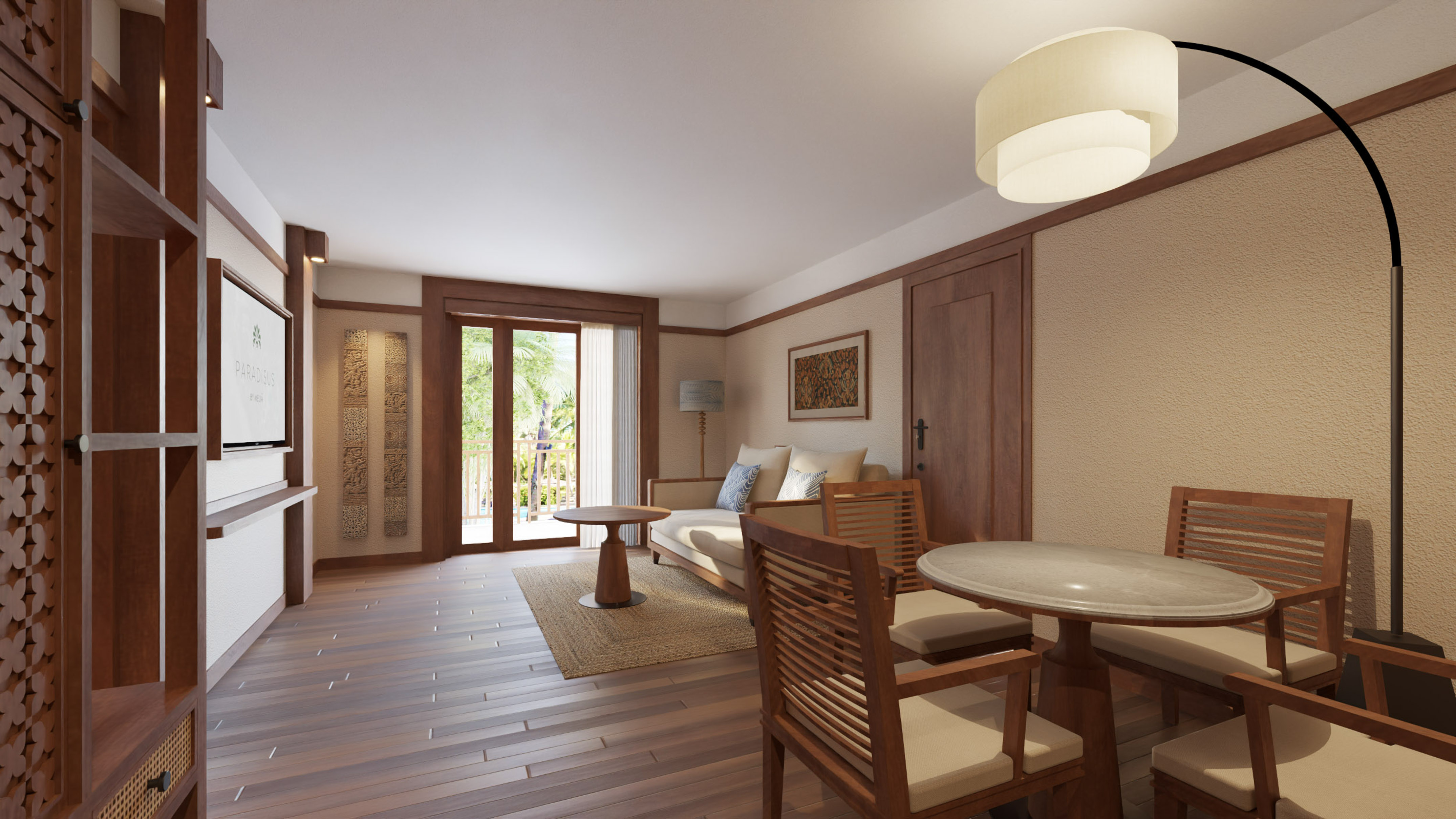 a room with a couch and table