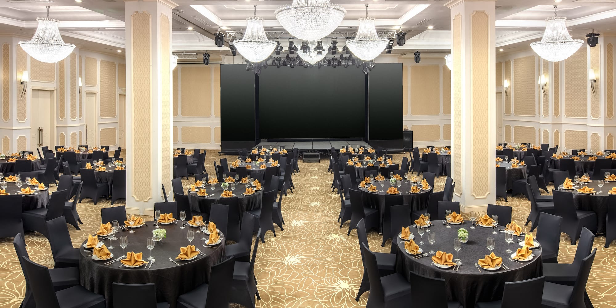 a room with tables and chairs