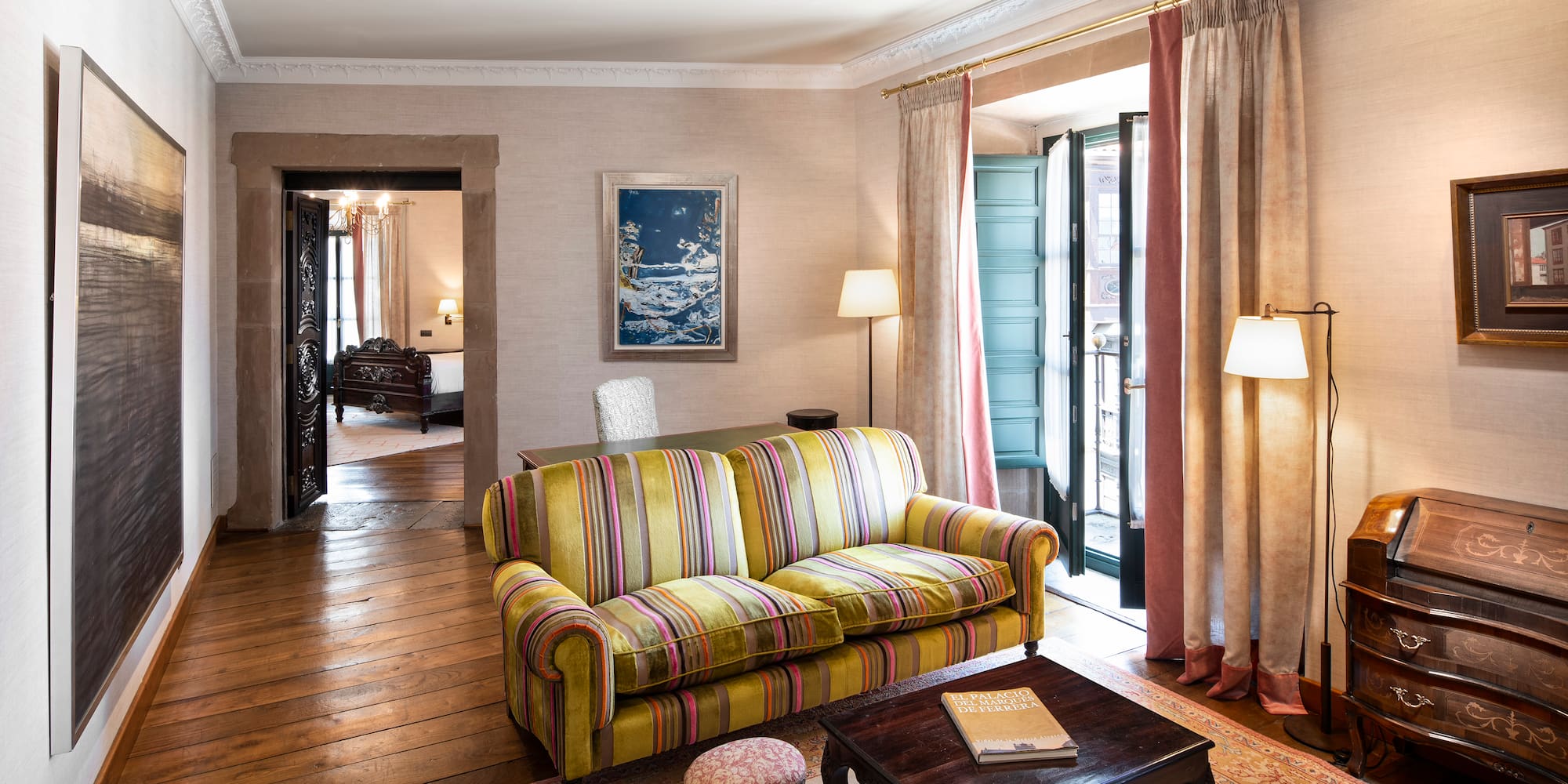 a living room with a couch and a table