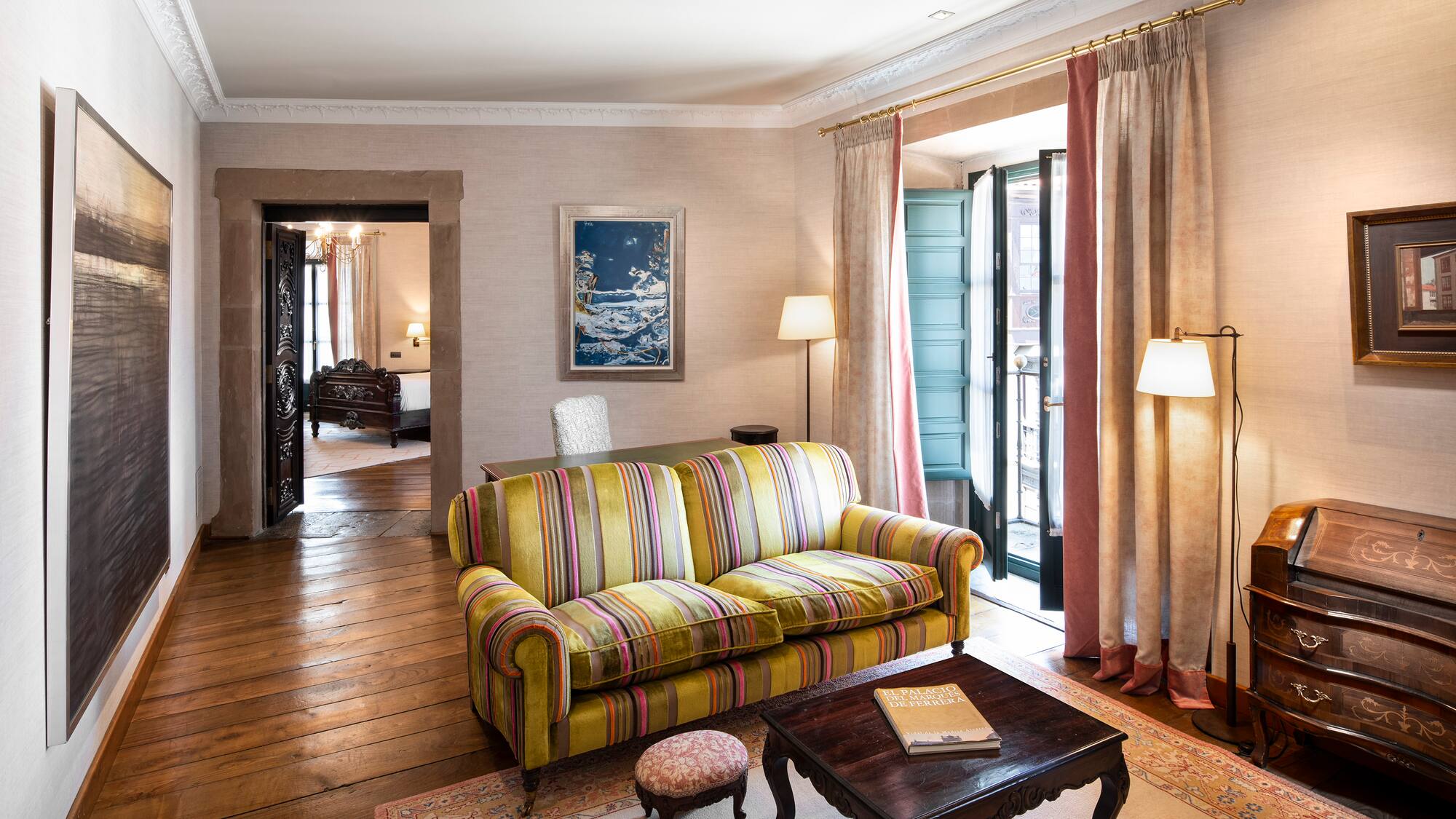 a living room with a couch and a table