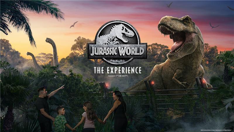 a group of people in front of a dinosaur