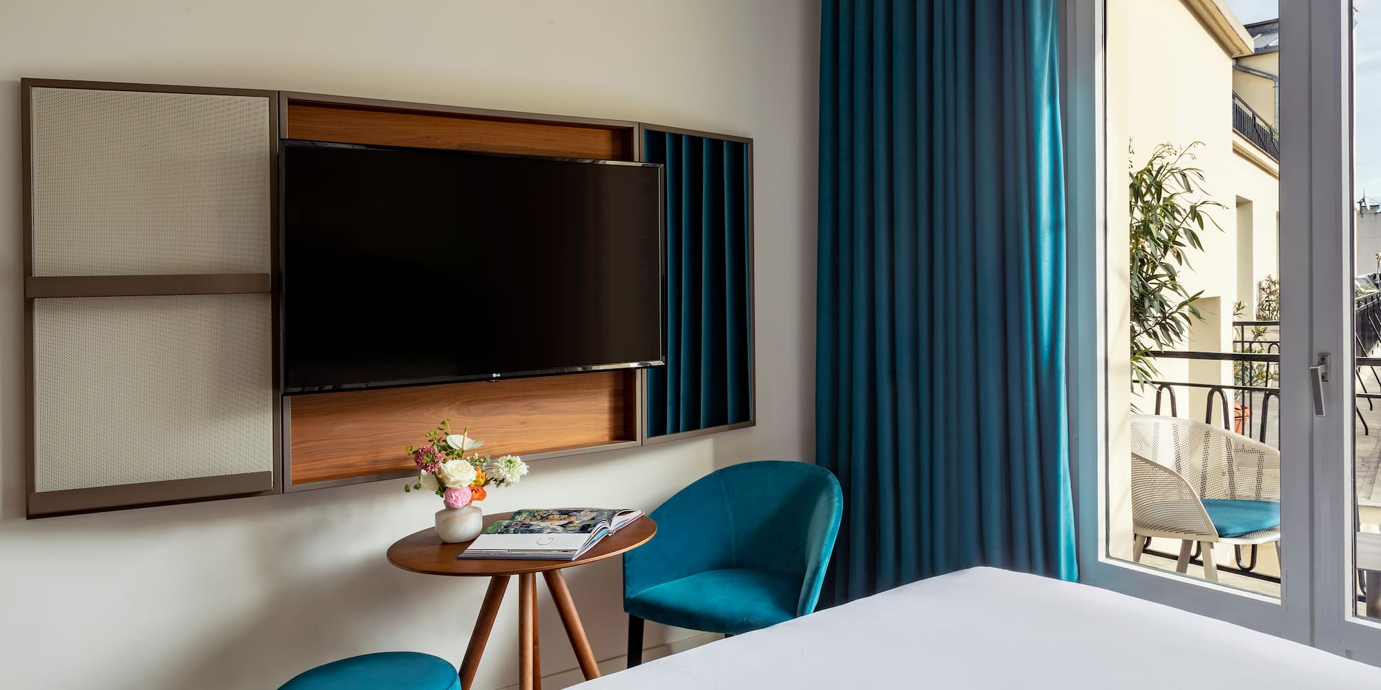 a room with a tv and a table