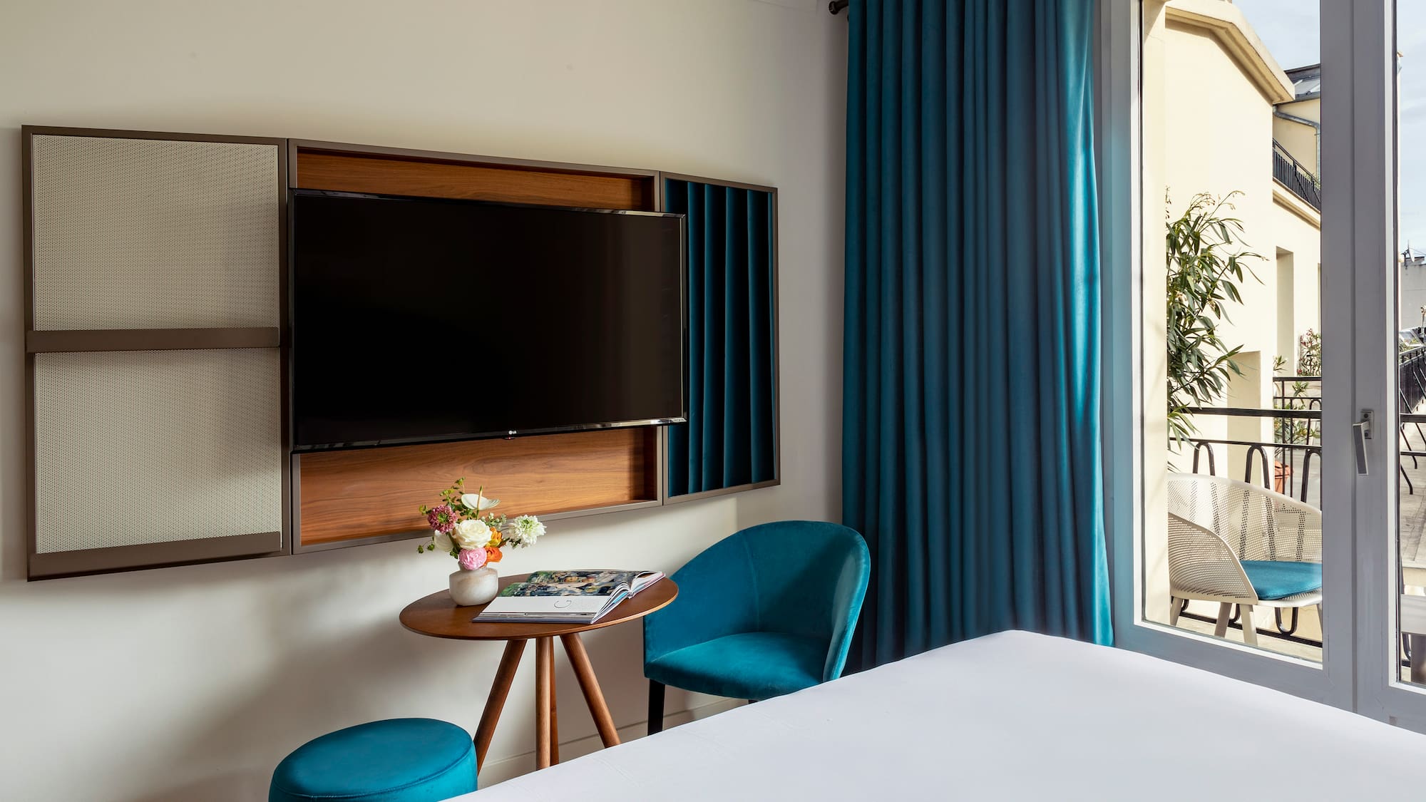 a room with a tv and a table