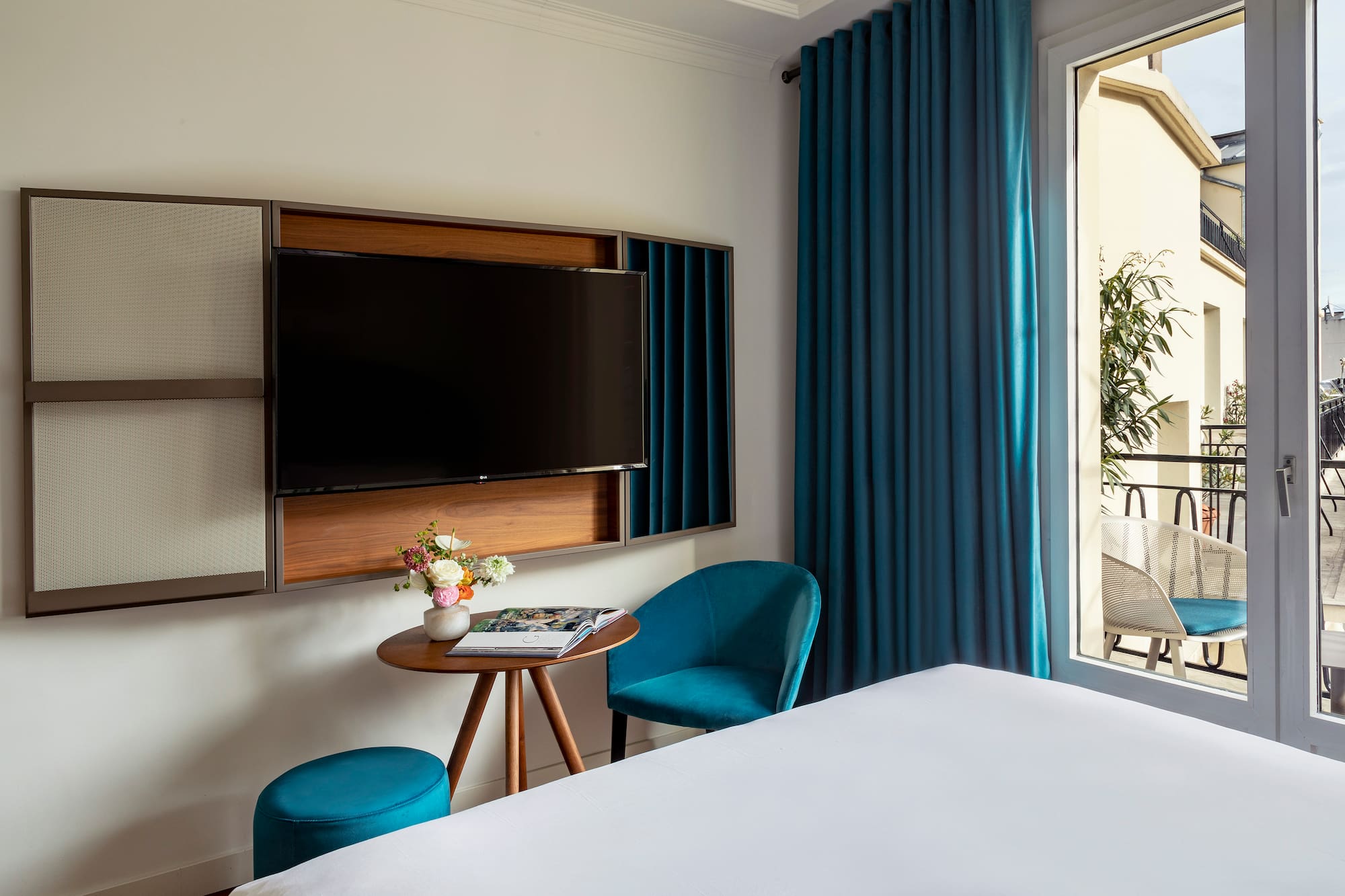 a room with a tv and a table