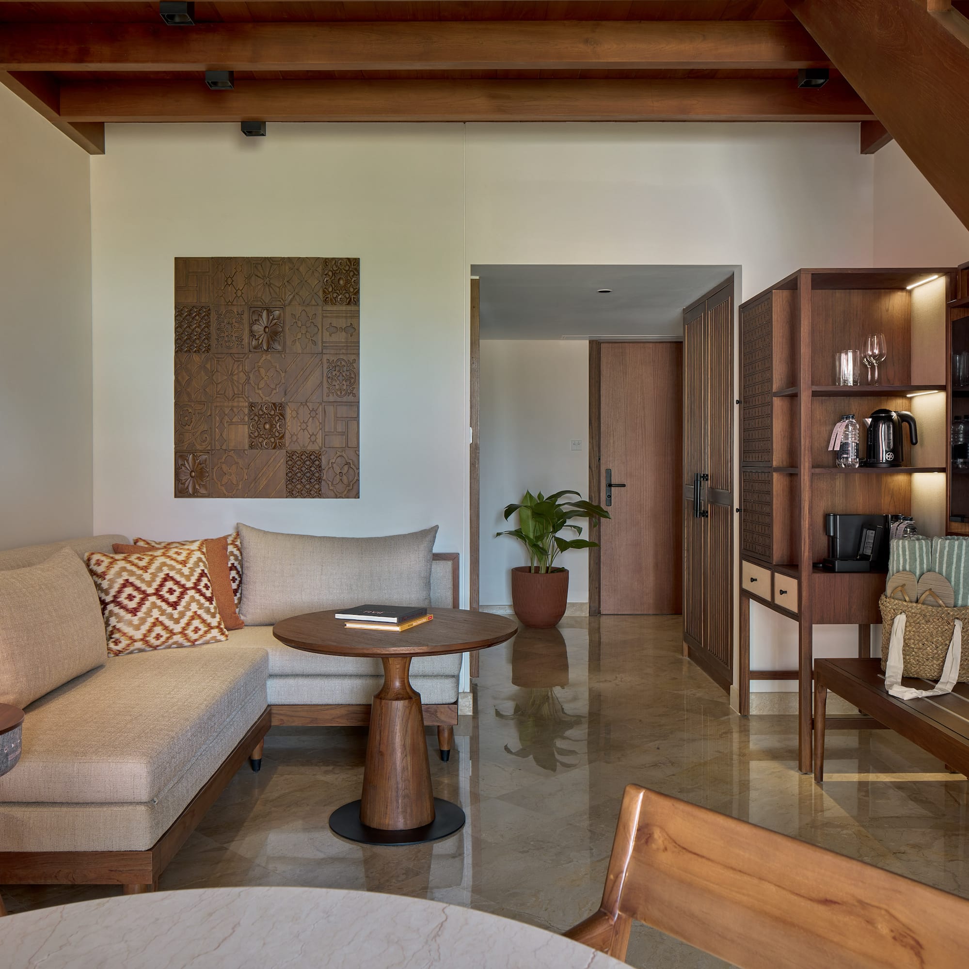 a living room with a couch and a coffee table