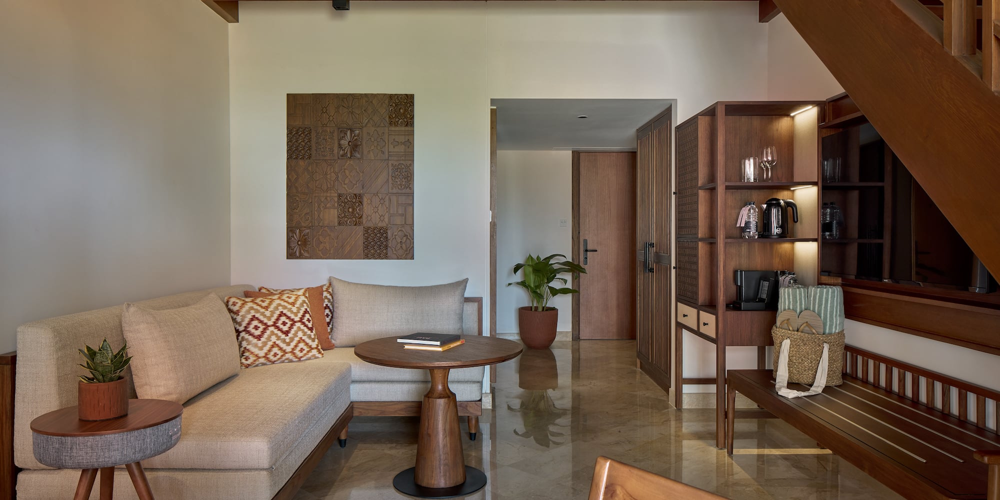 a living room with a couch and a coffee table