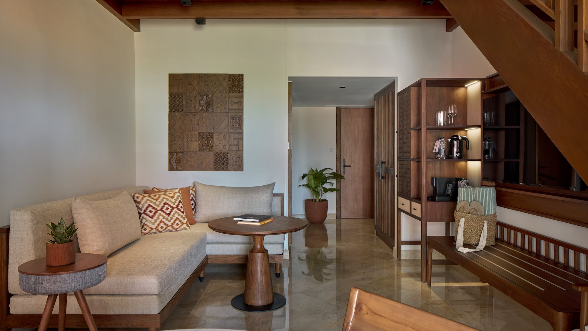 a living room with a couch and a coffee table