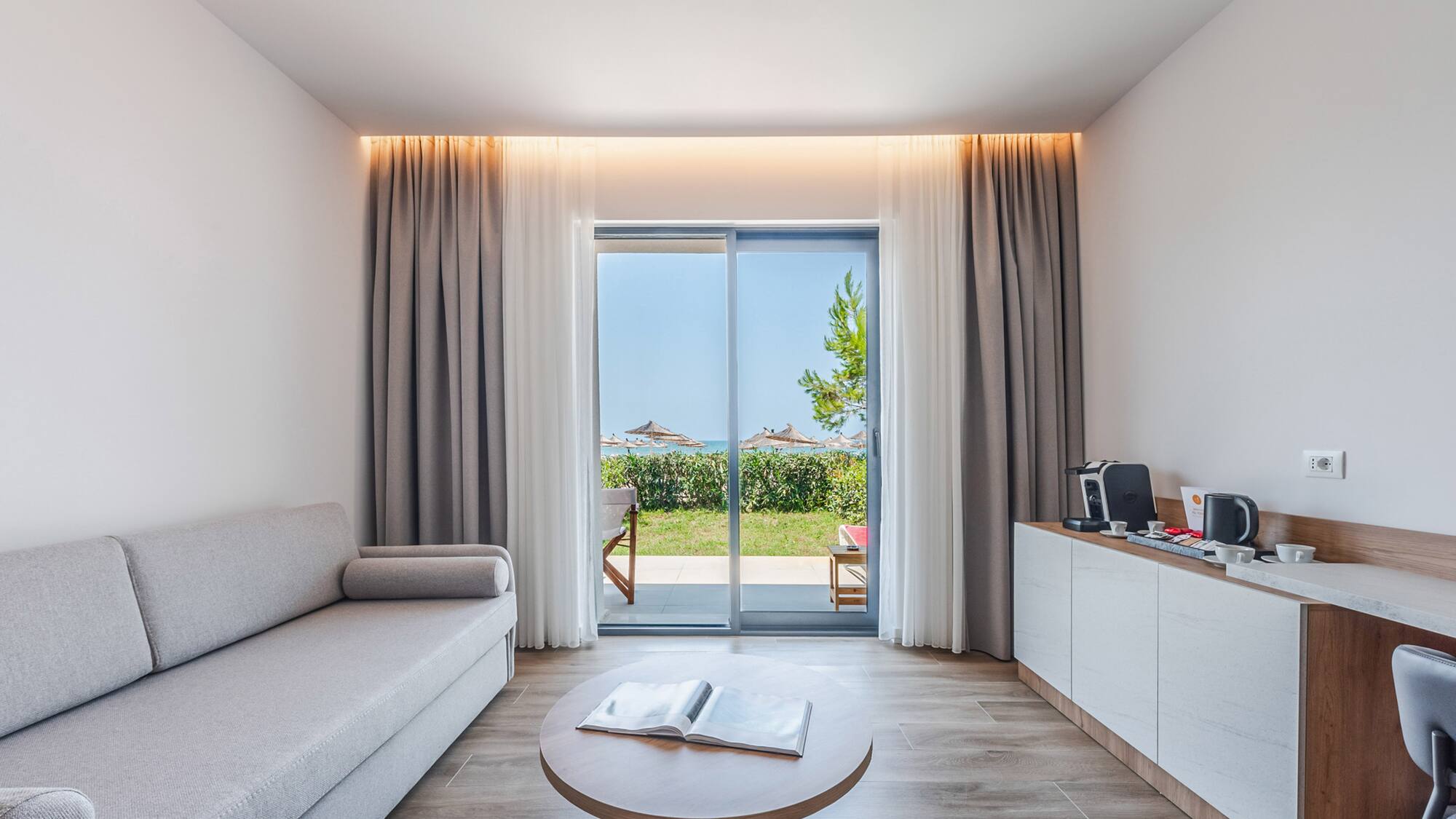 a room with a couch and a table