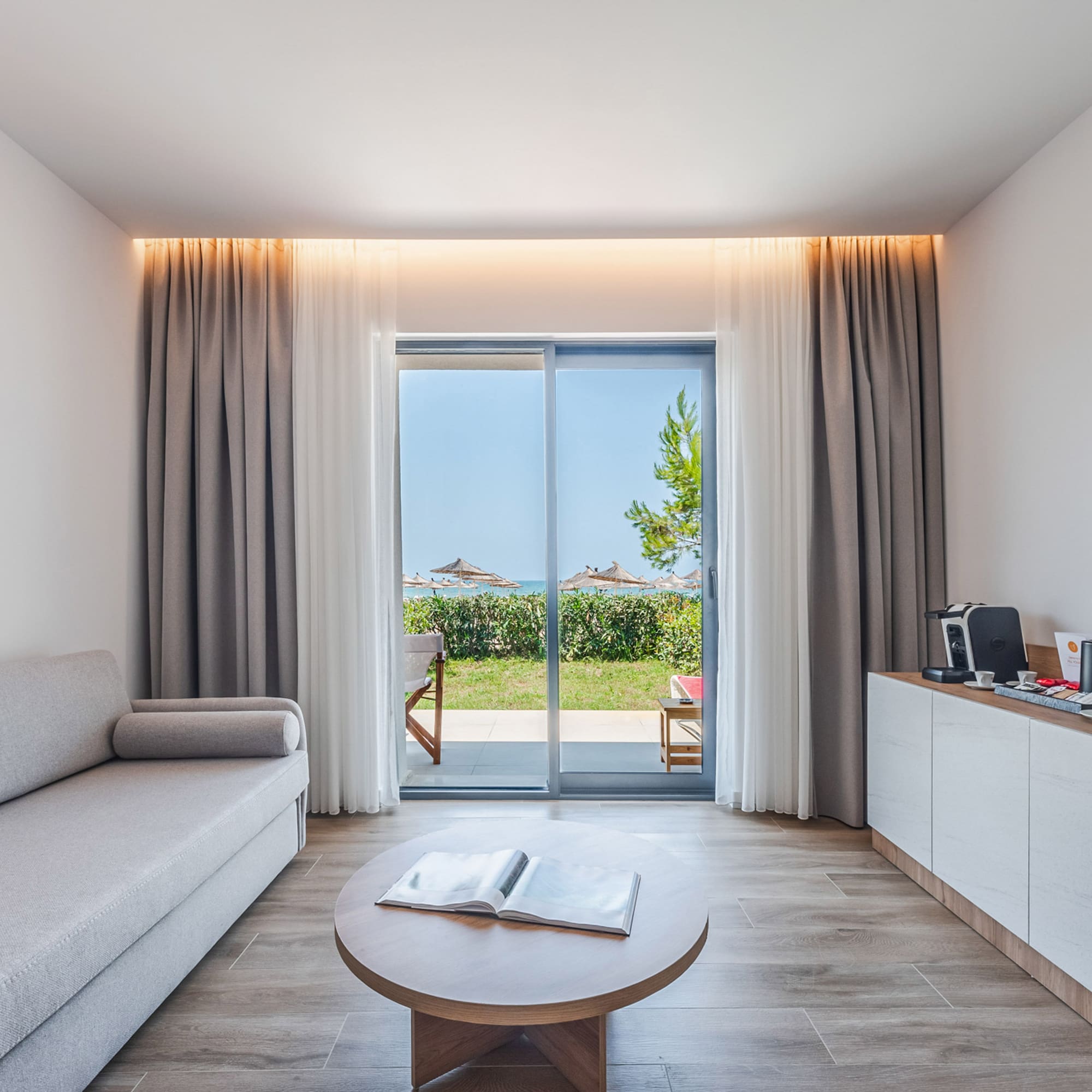 a room with a couch and a table