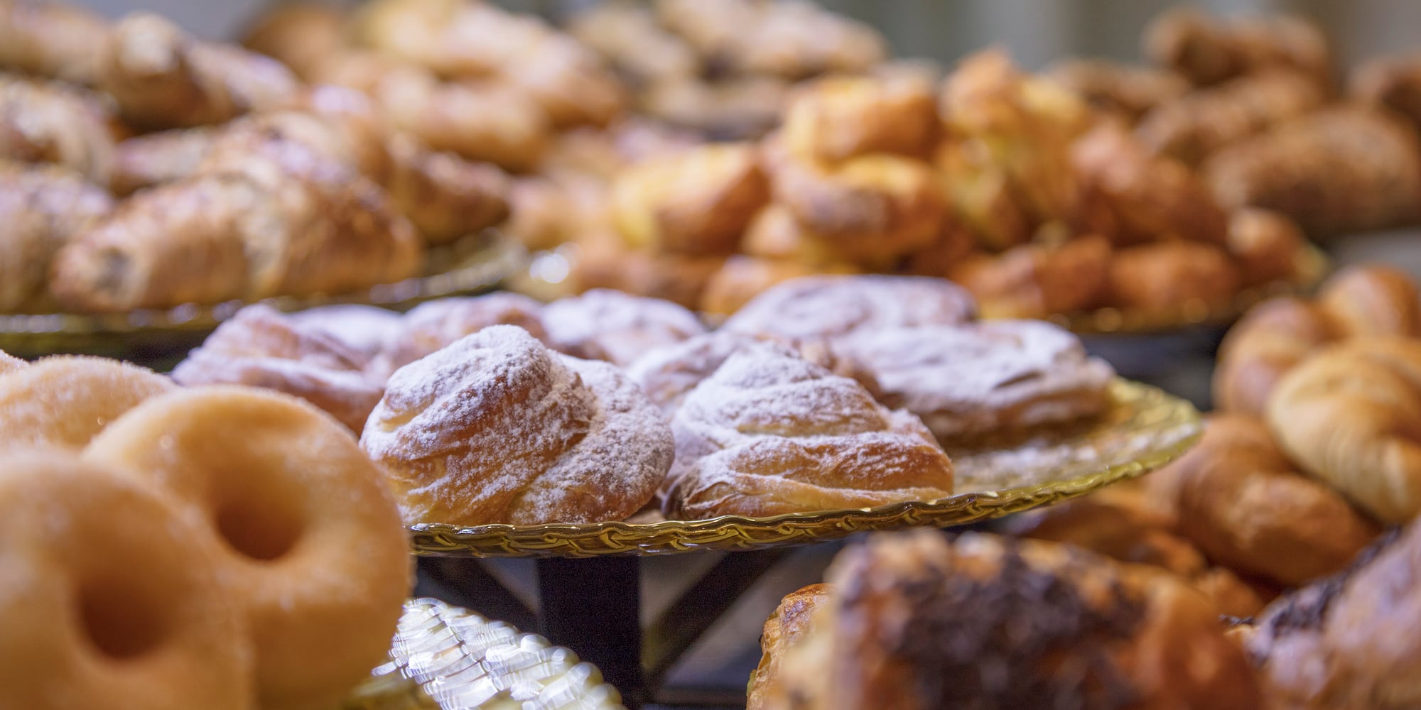 a tray of pastries on a shelf
