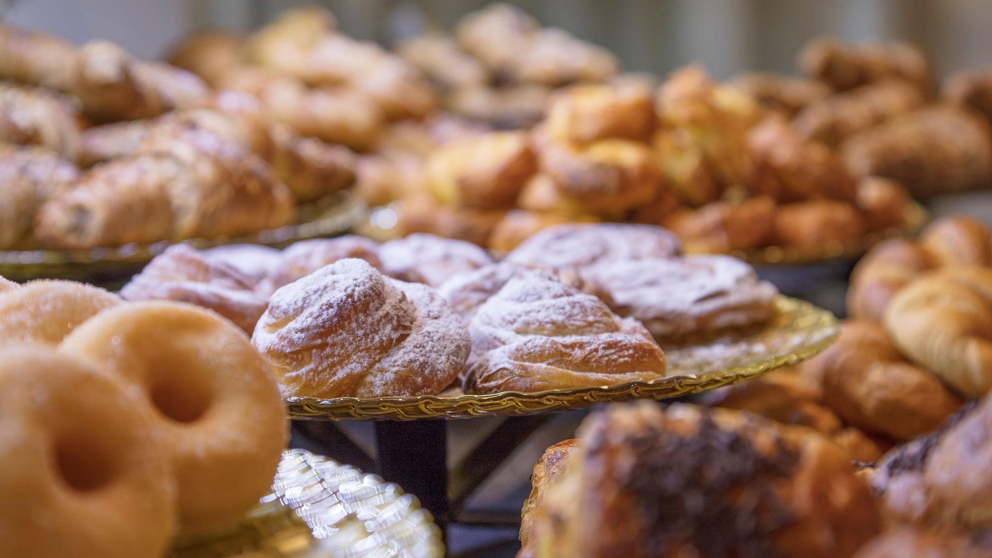 a tray of pastries on a shelf