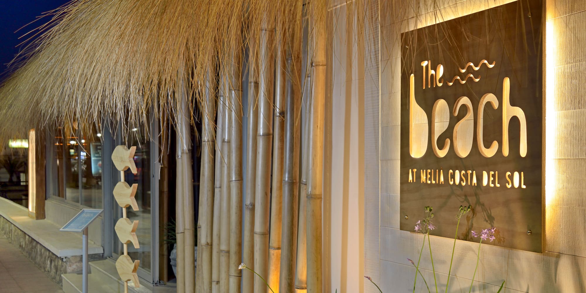 The Beach Meliá Costa del Sol sign, thatched roof, bamboo facade at night.