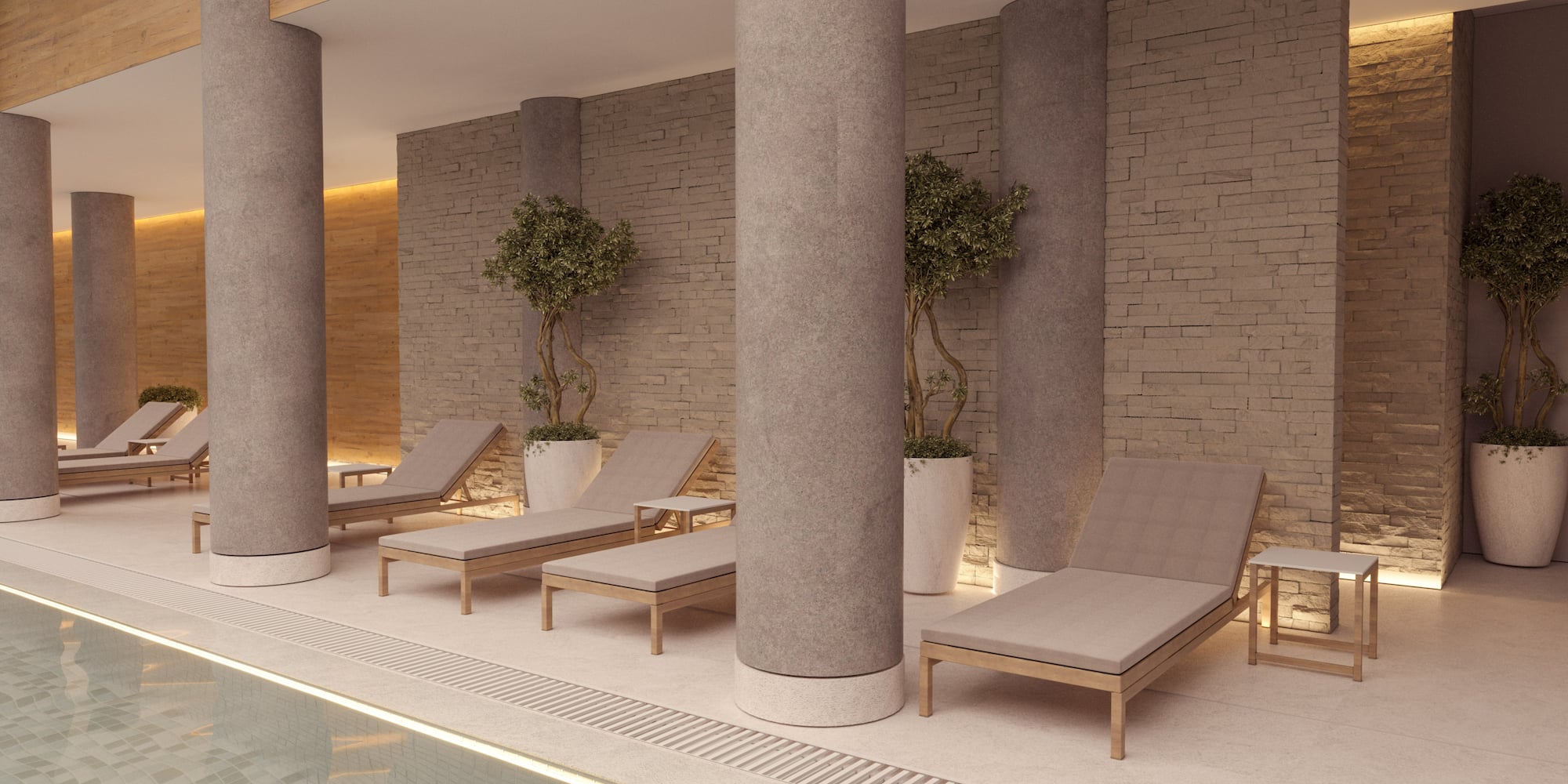 a pool with chairs and trees