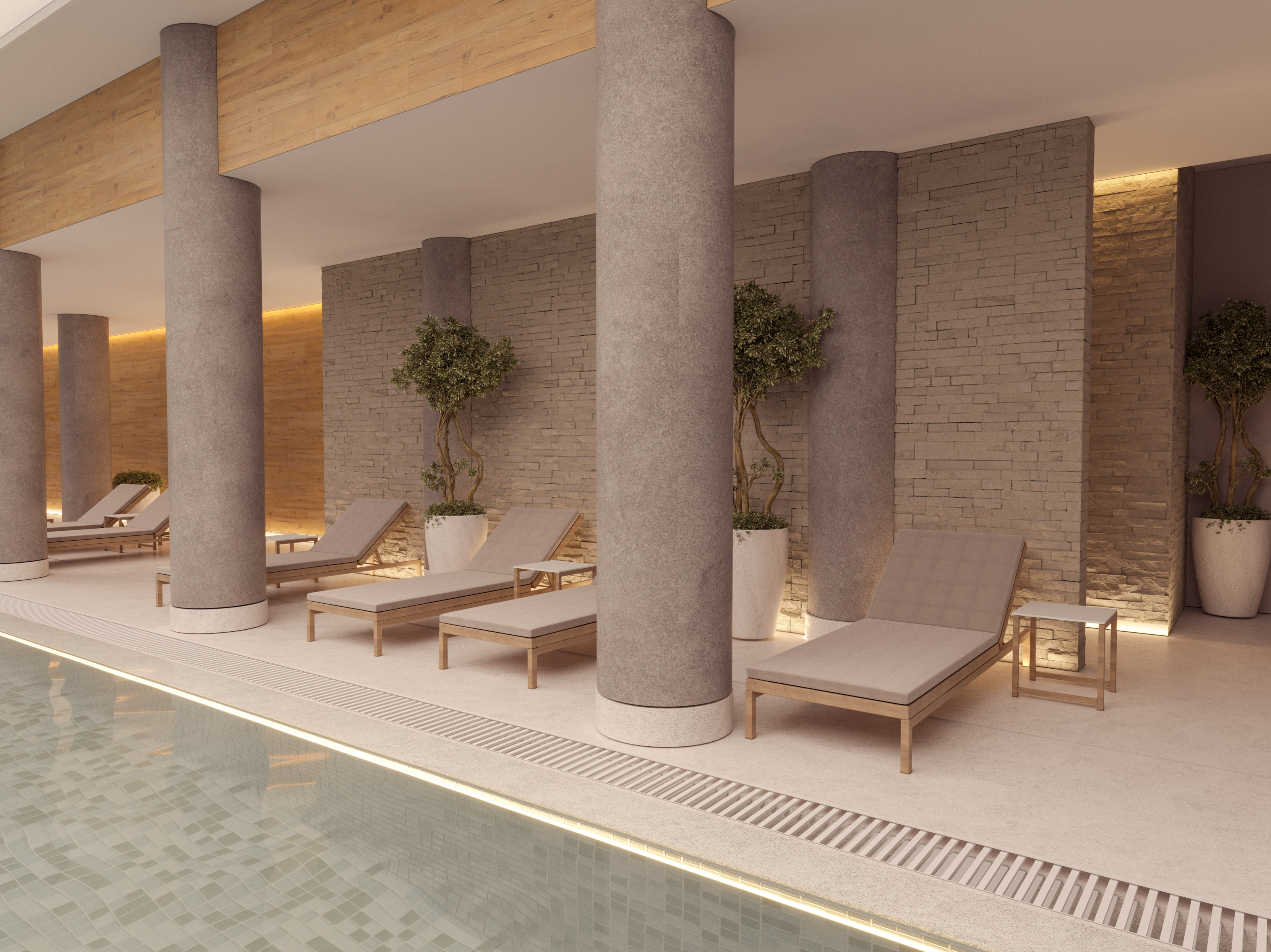 a pool with chairs and trees