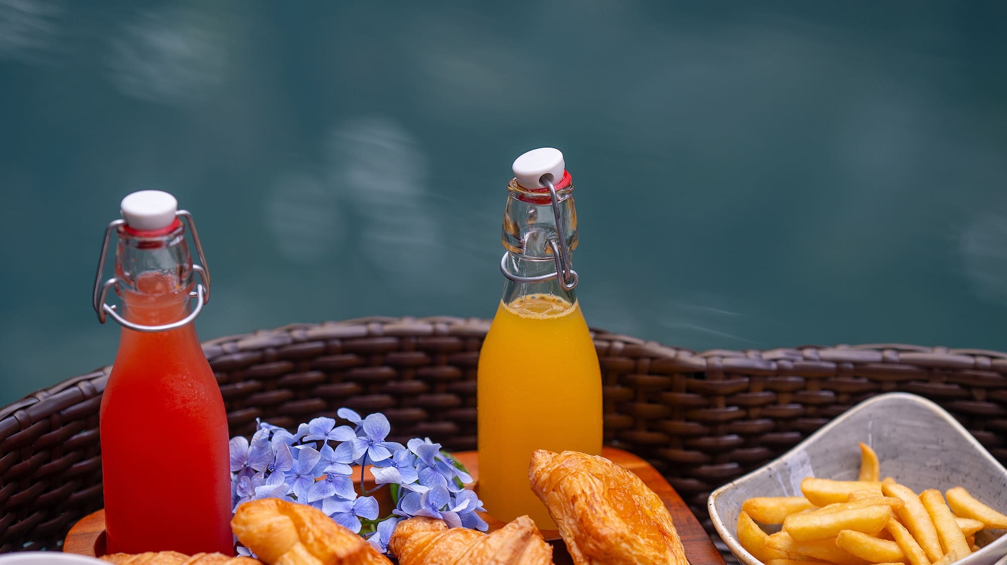 a basket of food and drinks