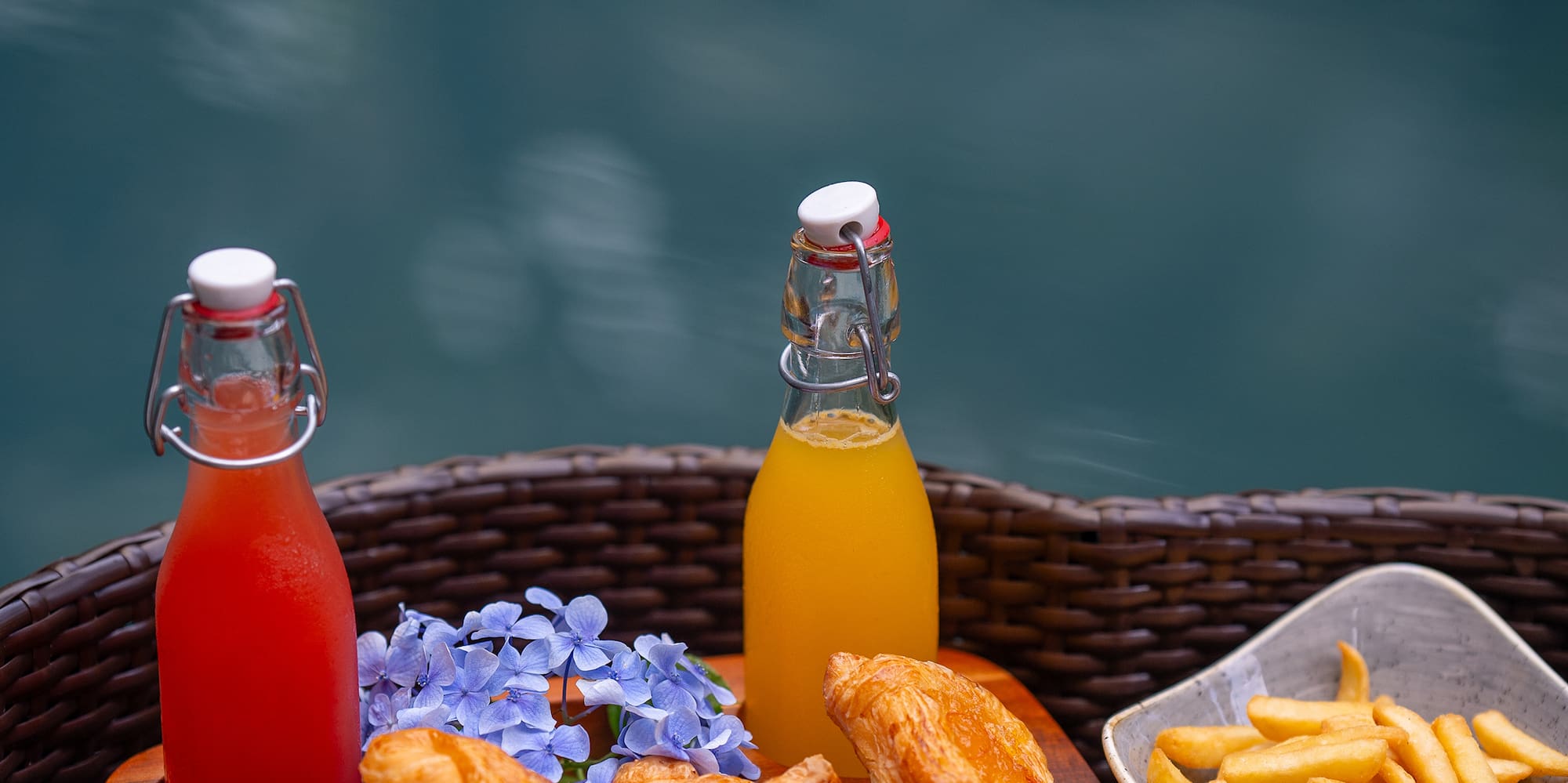 a basket of food and drinks